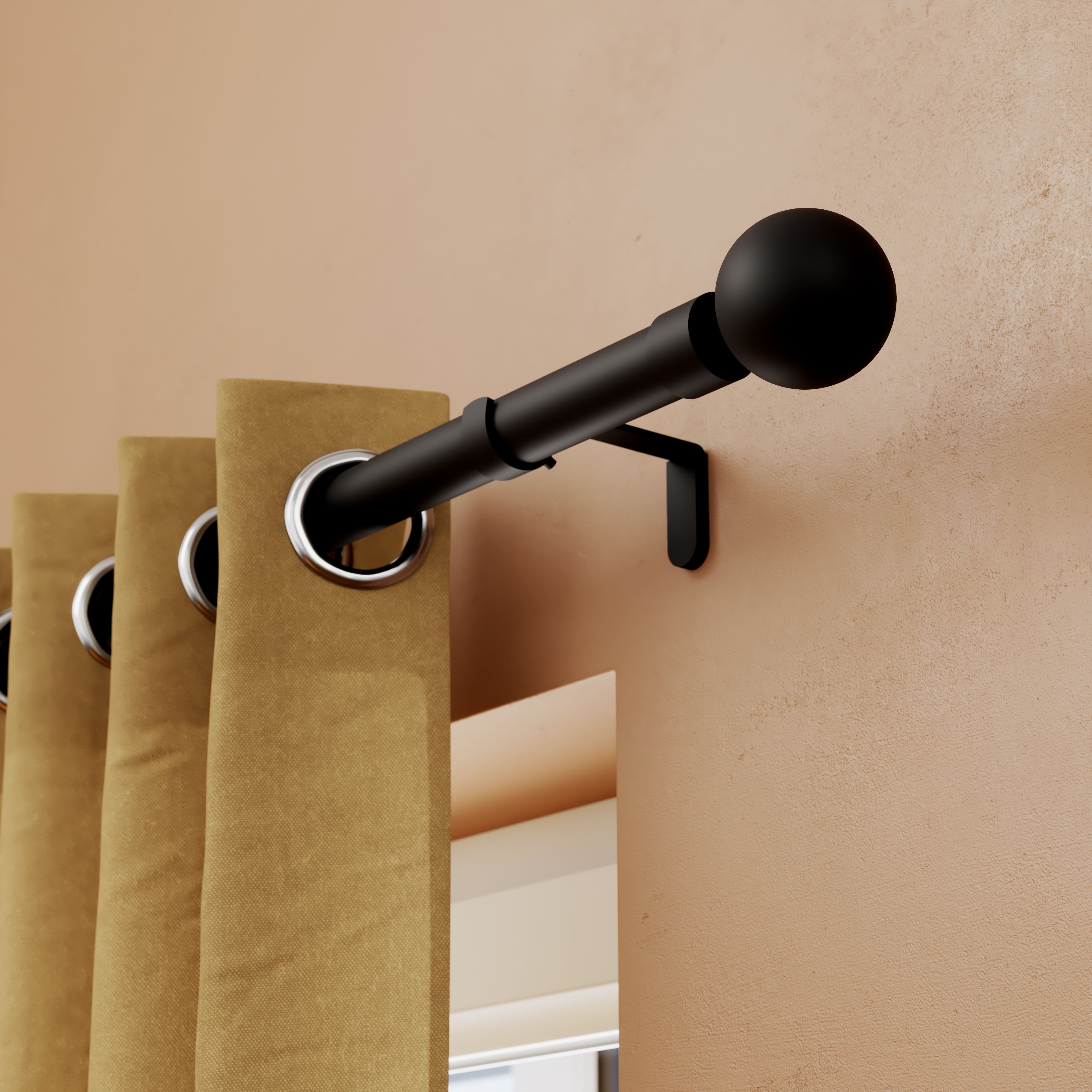 GoodHome Araxos Matt Black Extendable Ball Single curtain pole set, (L)1200mm-2100mm (Dia)28mm