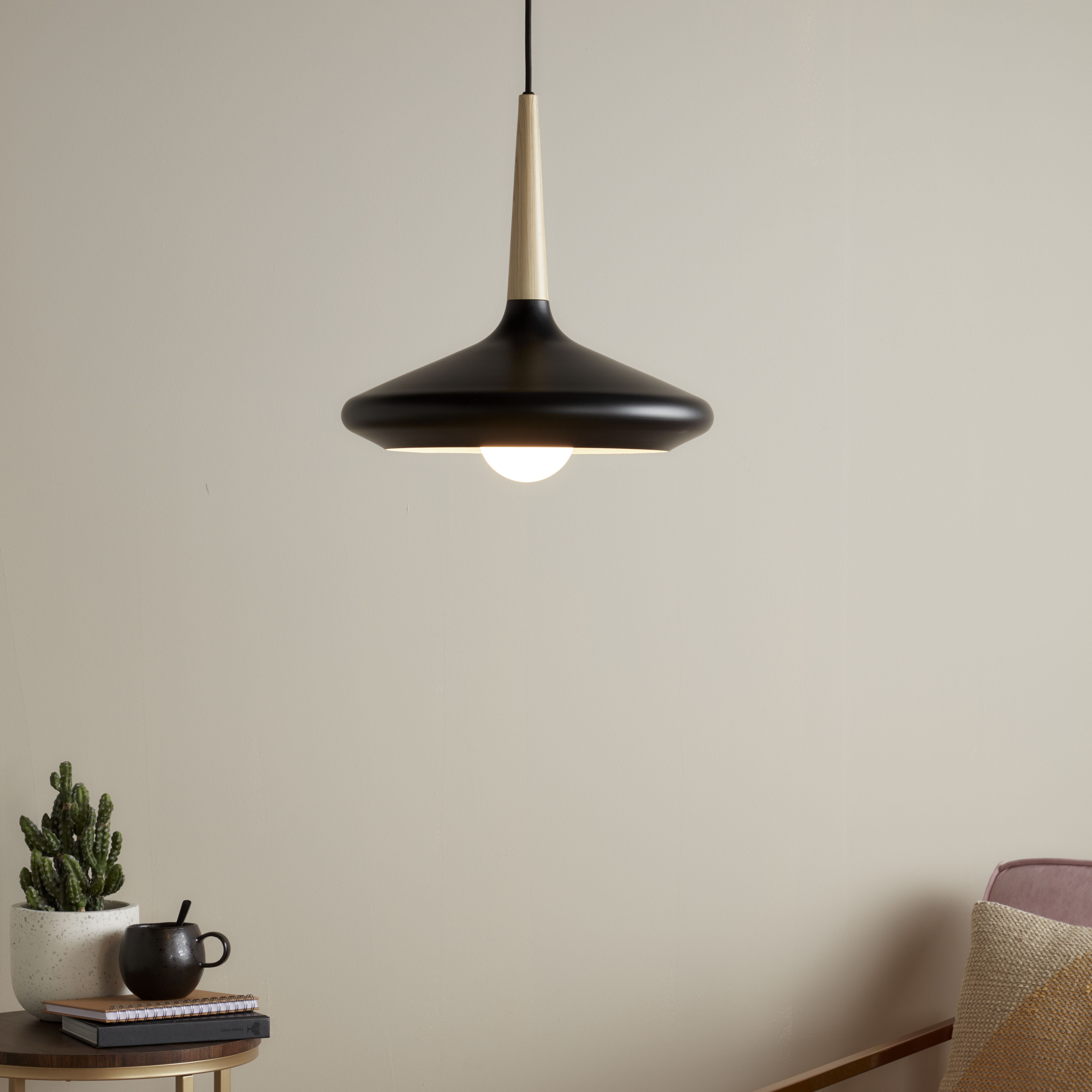 GoodHome Arraqis Matt Black Wood effect Pendant ceiling light, (Dia)360mm