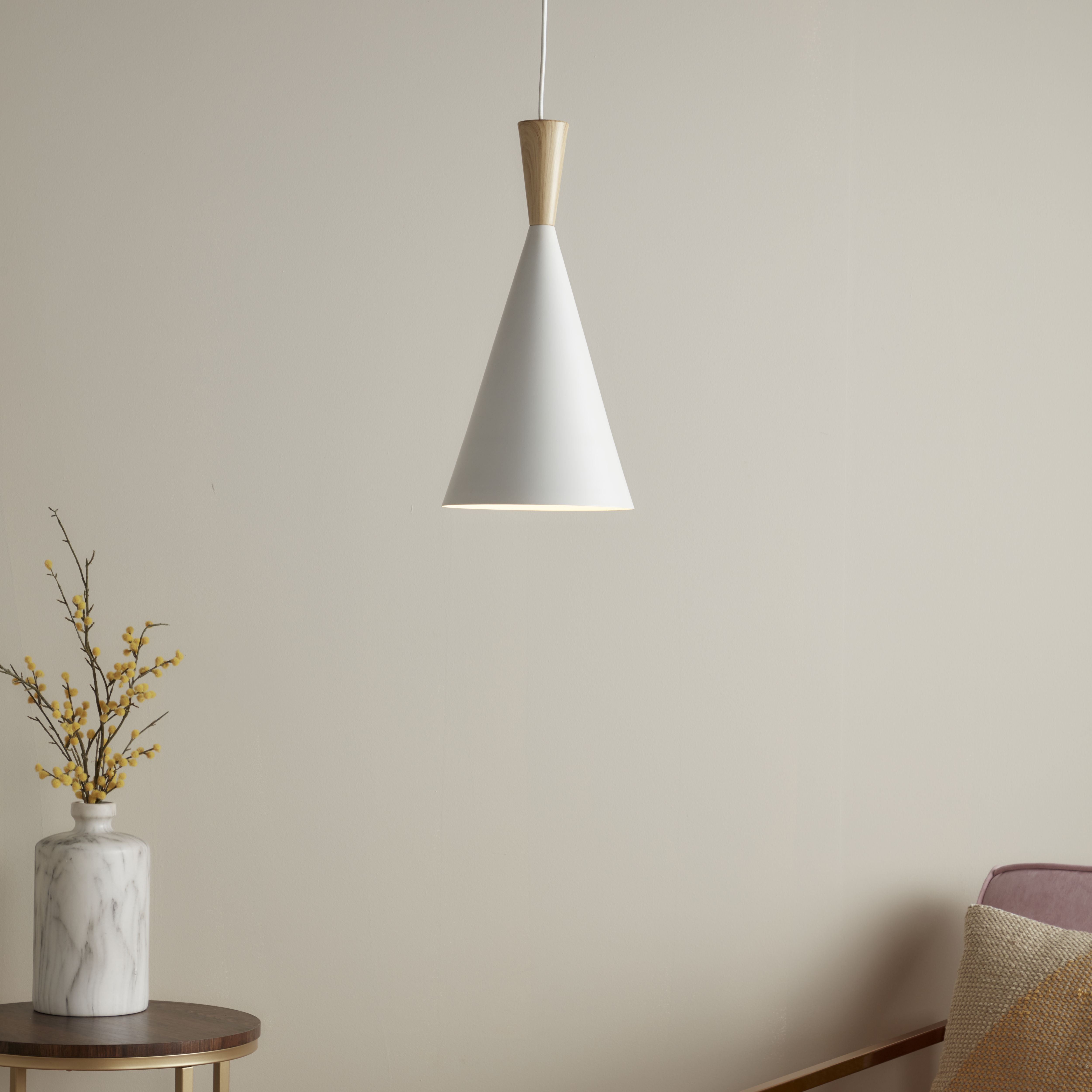 GoodHome Arraqis Matt White Wood effect Pendant ceiling light Dia 190mm