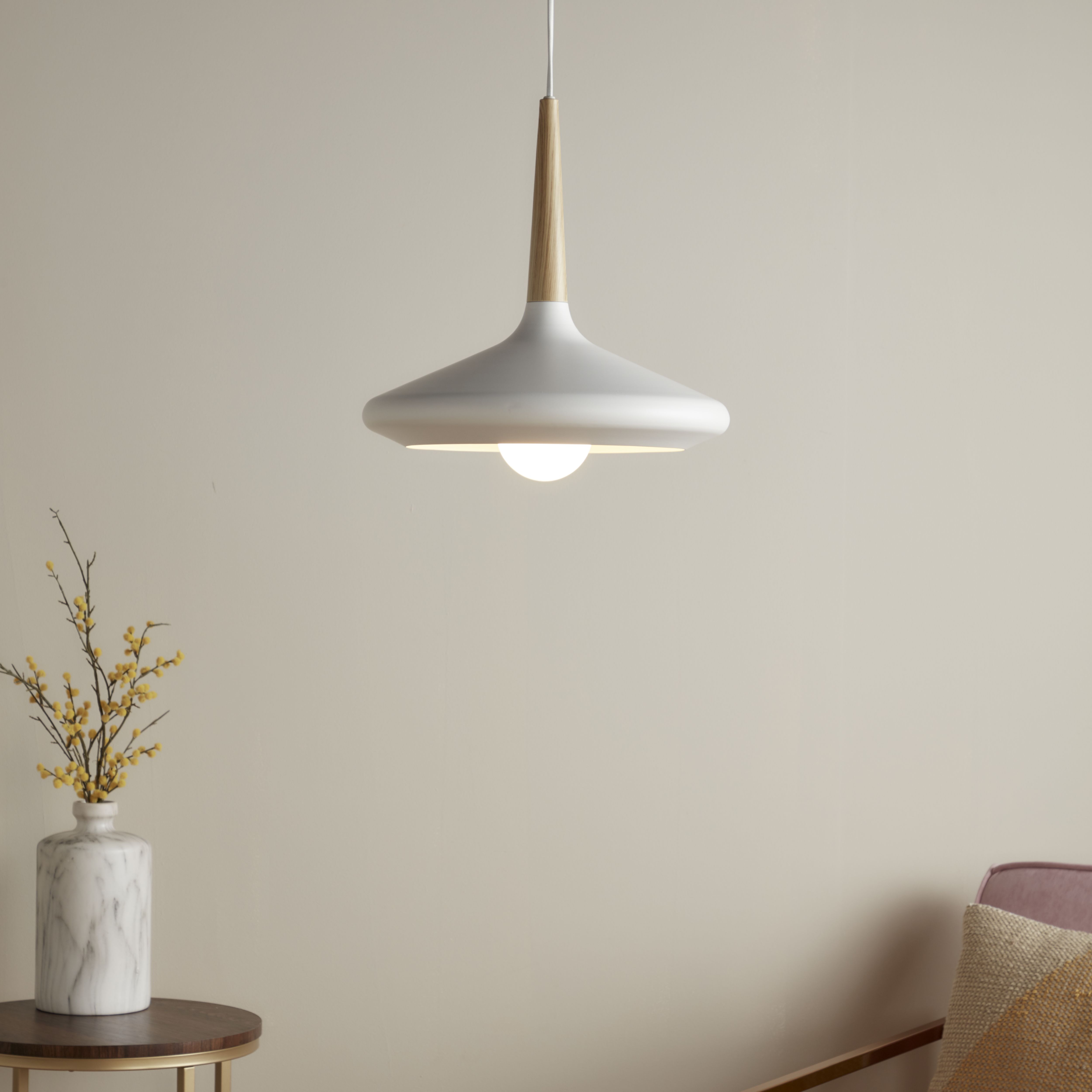 GoodHome Arraqis Matt White Wood effect Pendant ceiling light, (Dia)360mm