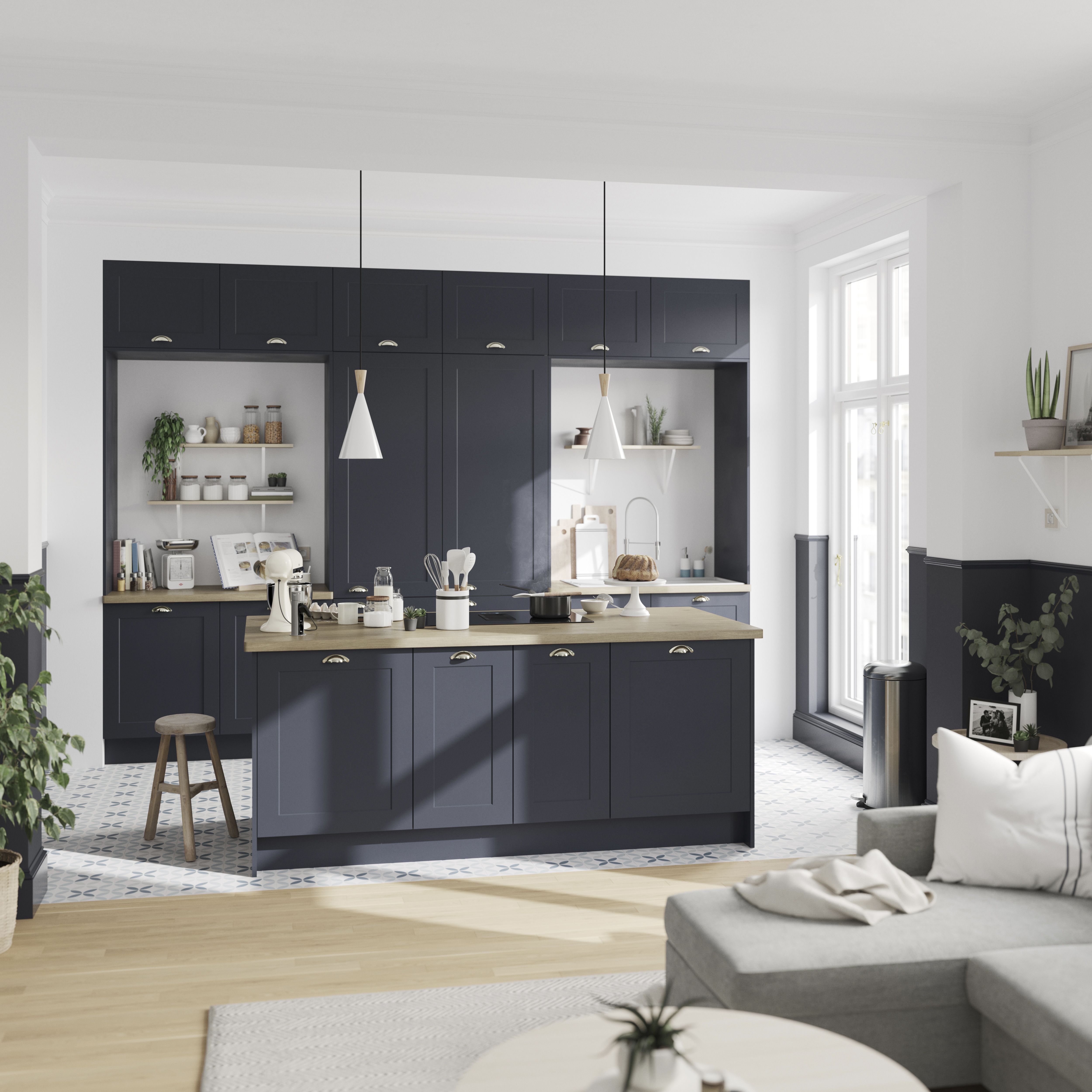 GoodHome Artemisia Matt midnight blue Classic shaker 2 drawer front, bridging door & bi-fold door 400mm