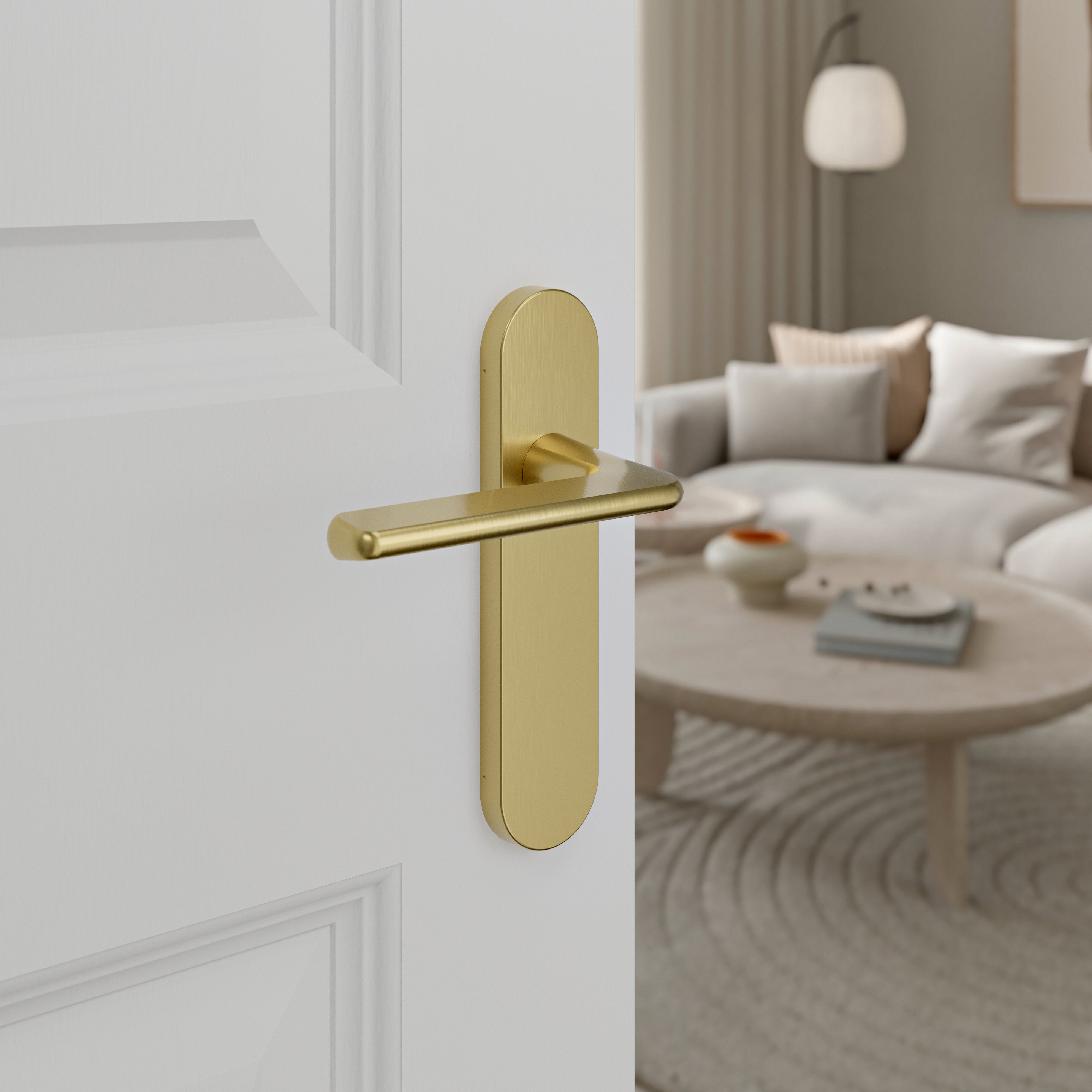 GoodHome Arzh Brushed Brass effect Straight Latch Door handle (L)123.5mm (D)68mm Pair