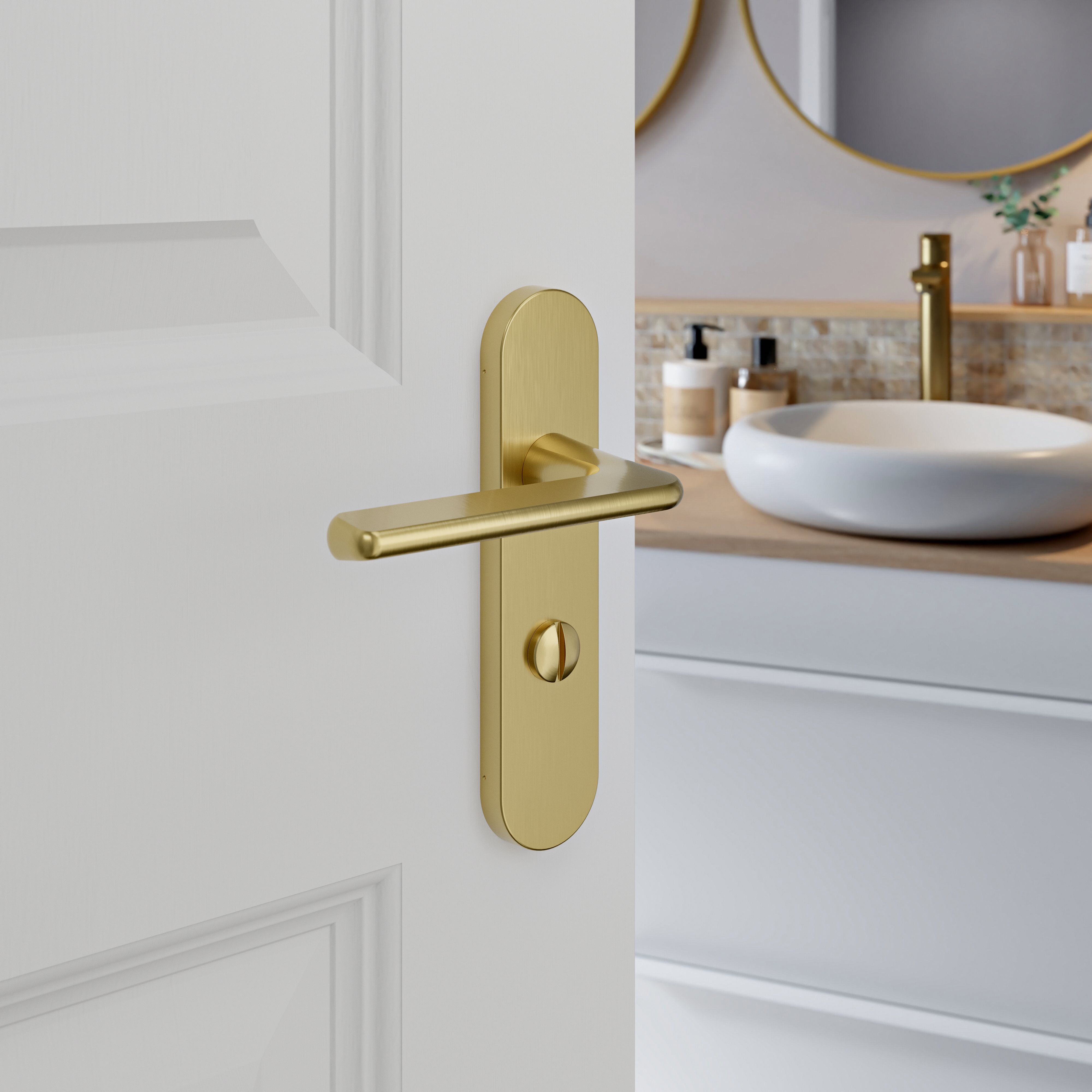GoodHome Arzh Brushed Brass effect Straight WC Door handle (L)123.5mm (D)68mm Pair
