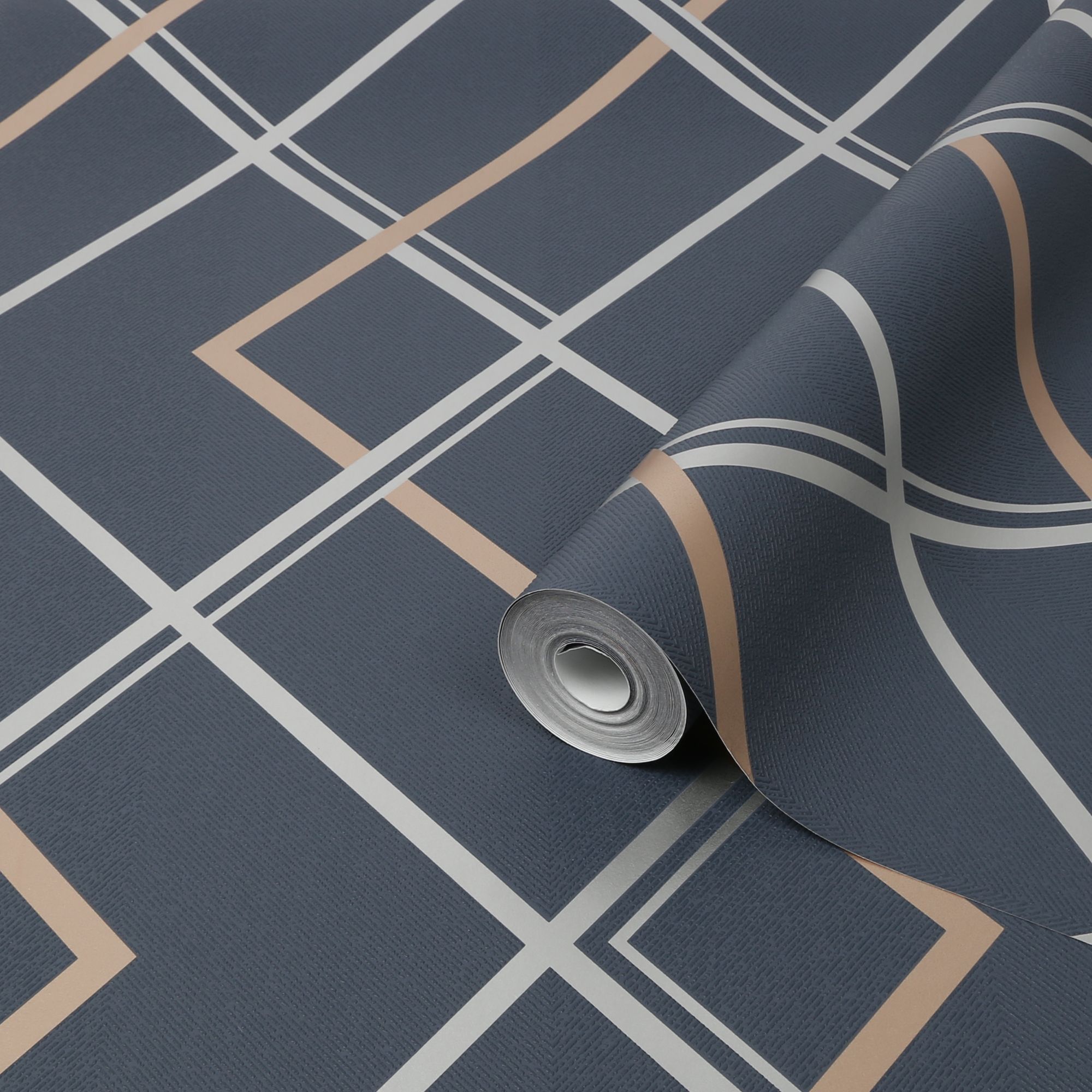 GoodHome Ashbourne Blue Geometric Metallic effect Smooth Wallpaper