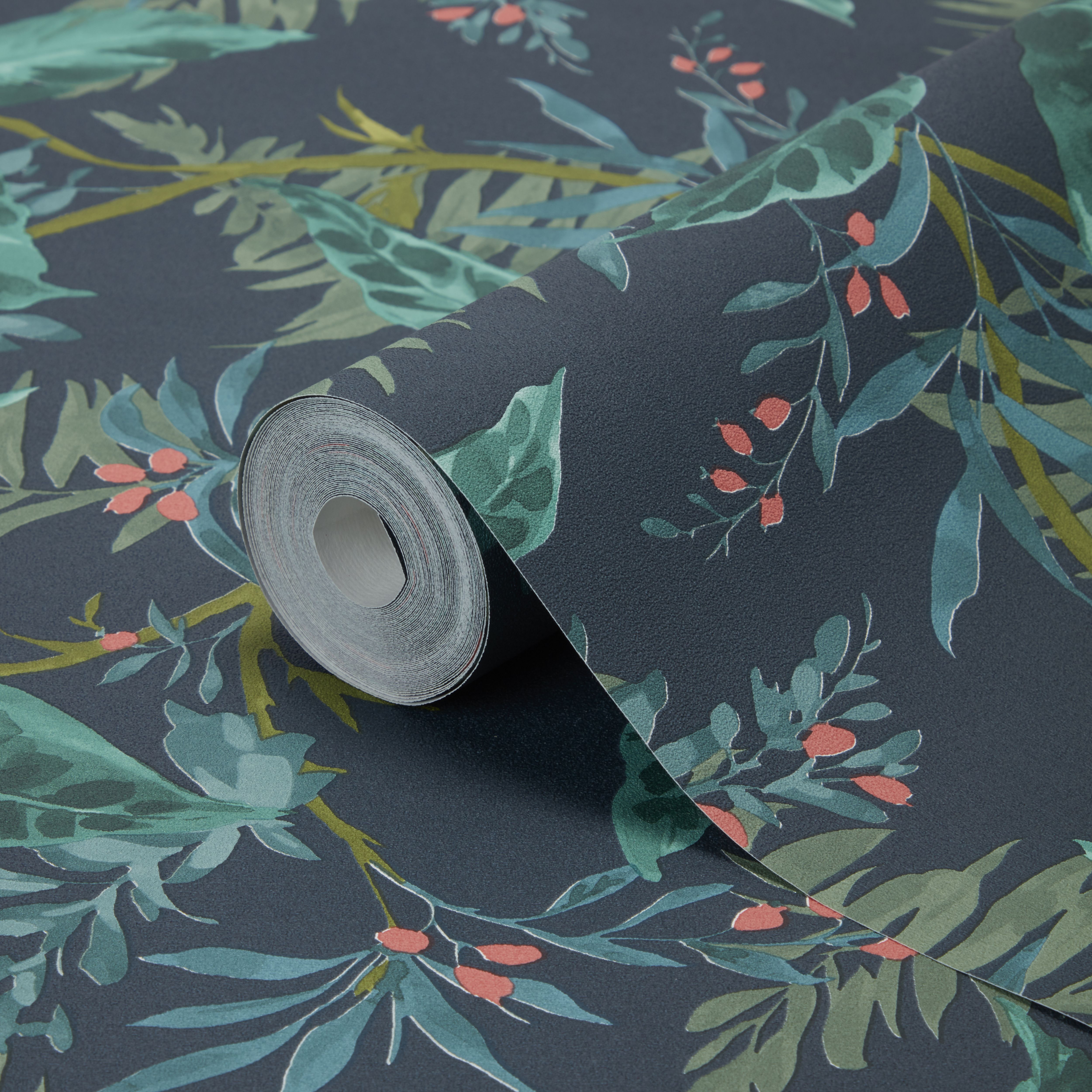 GoodHome Astilbe Navy Botanical Embossed Wallpaper DIY at B&Q