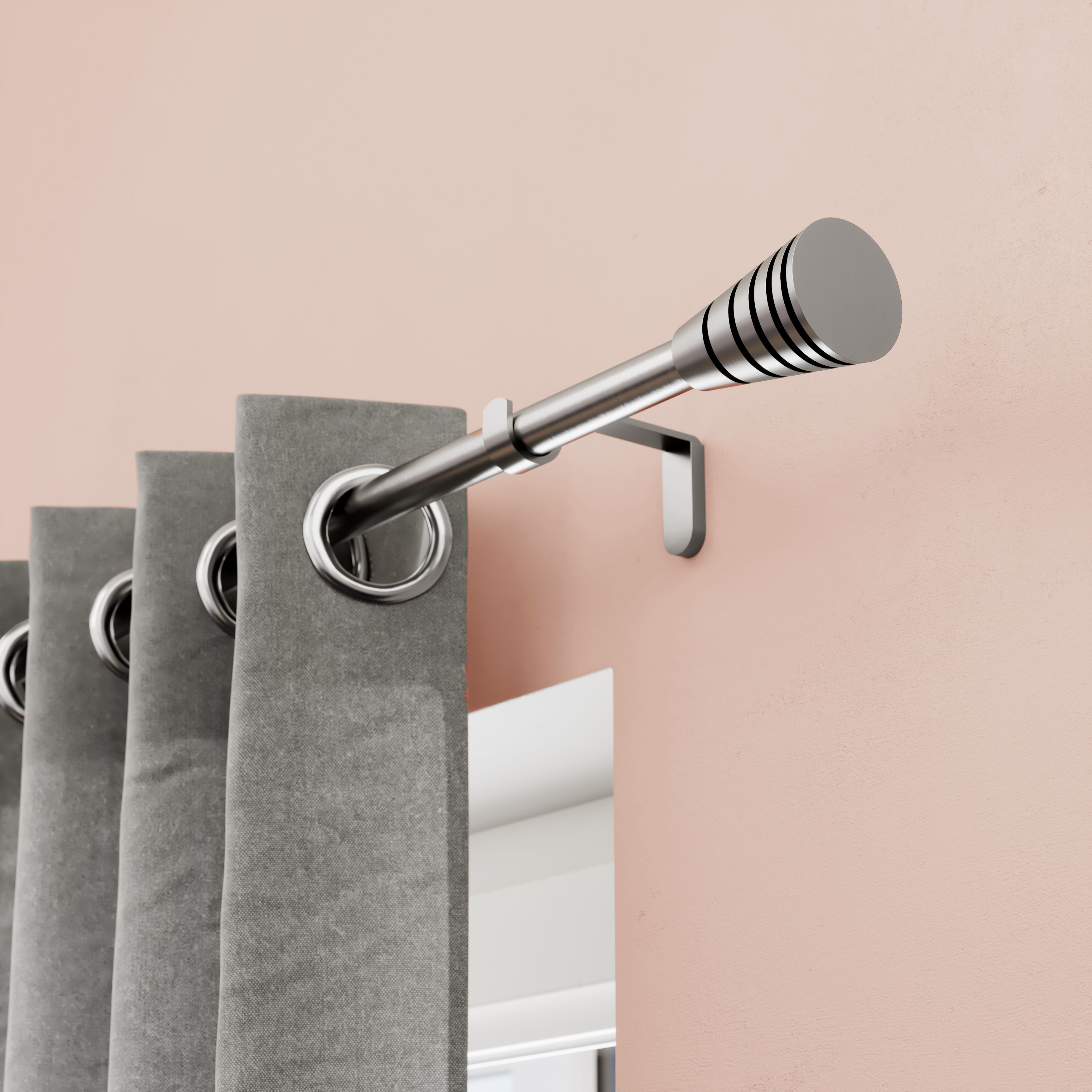 GoodHome Athens Satin Grey Nickel effect Extendable Cone Single curtain pole set Set, (L)1200mm-2100mm (Dia)19mm