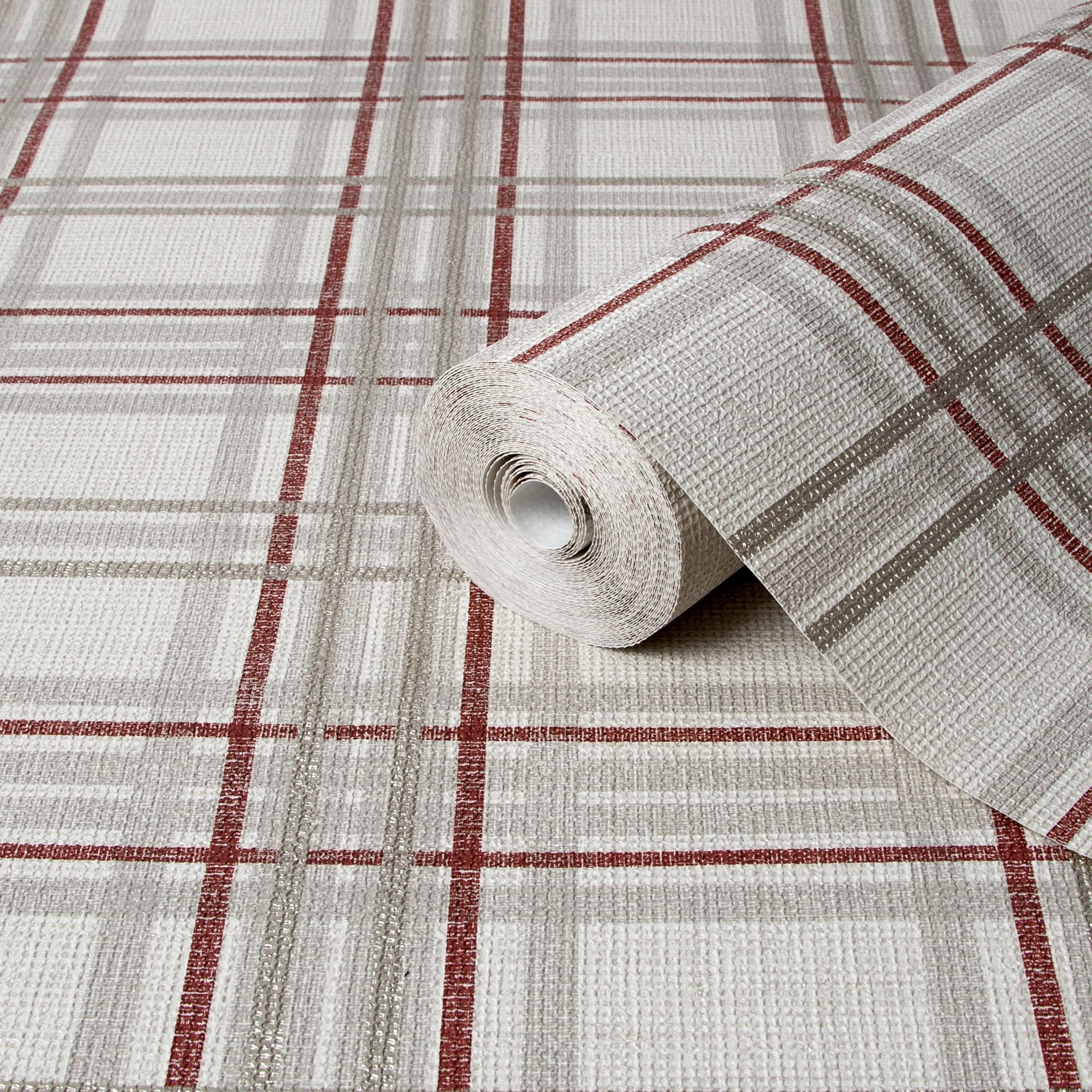 GoodHome Atherton Red Metallic effect Tartan Textured Wallpaper