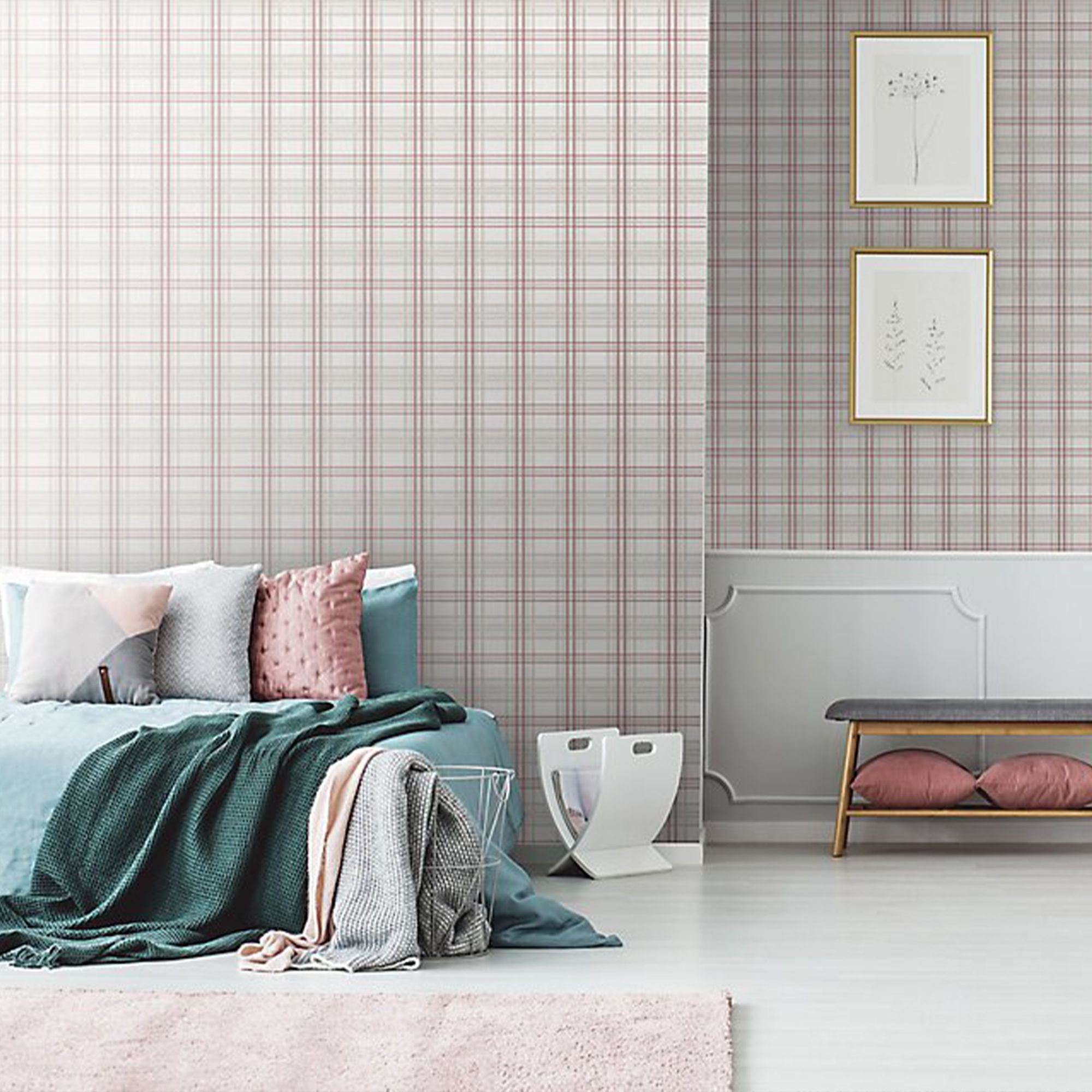 GoodHome Atherton Red Metallic effect Tartan Textured Wallpaper