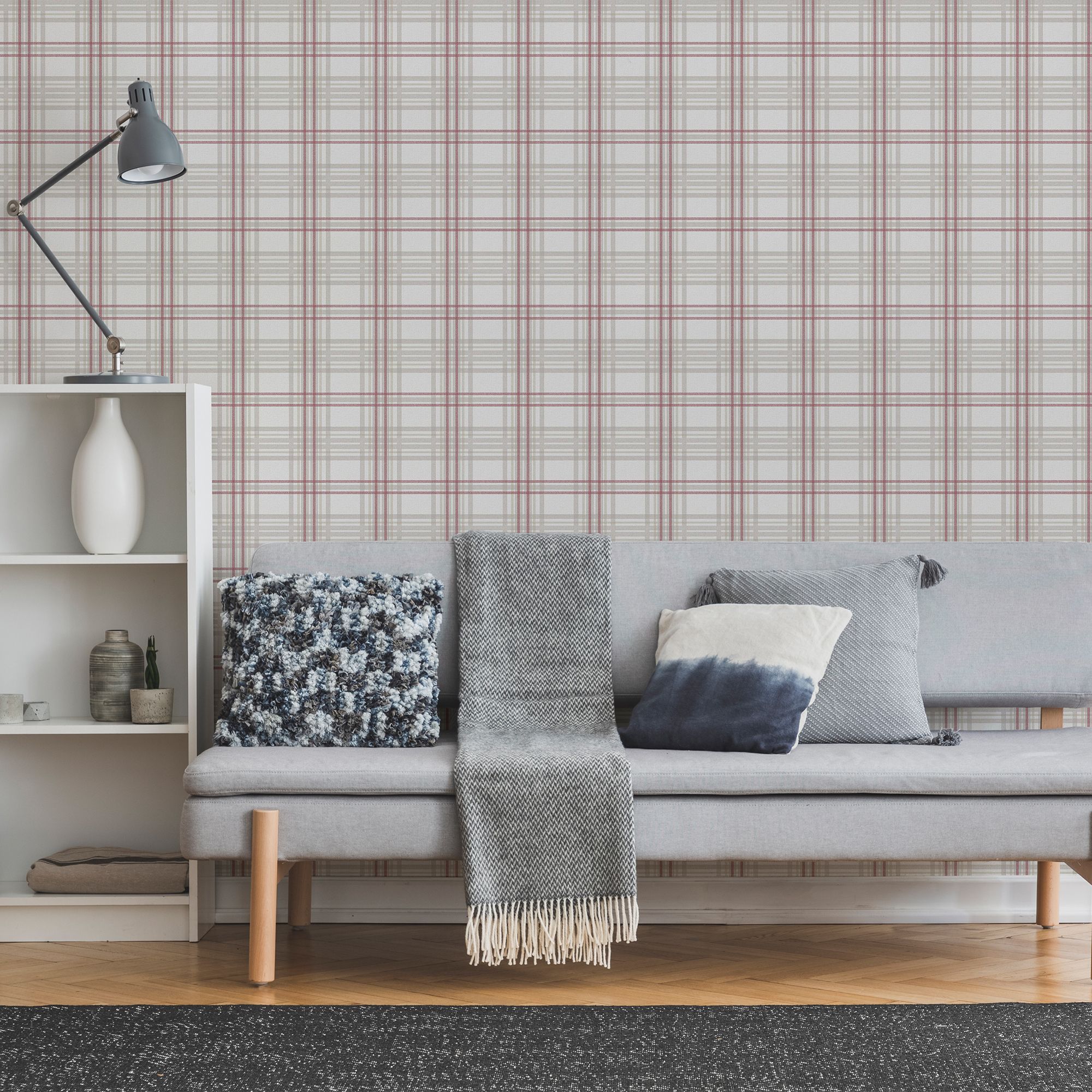 GoodHome Atherton Red Metallic effect Tartan Textured Wallpaper