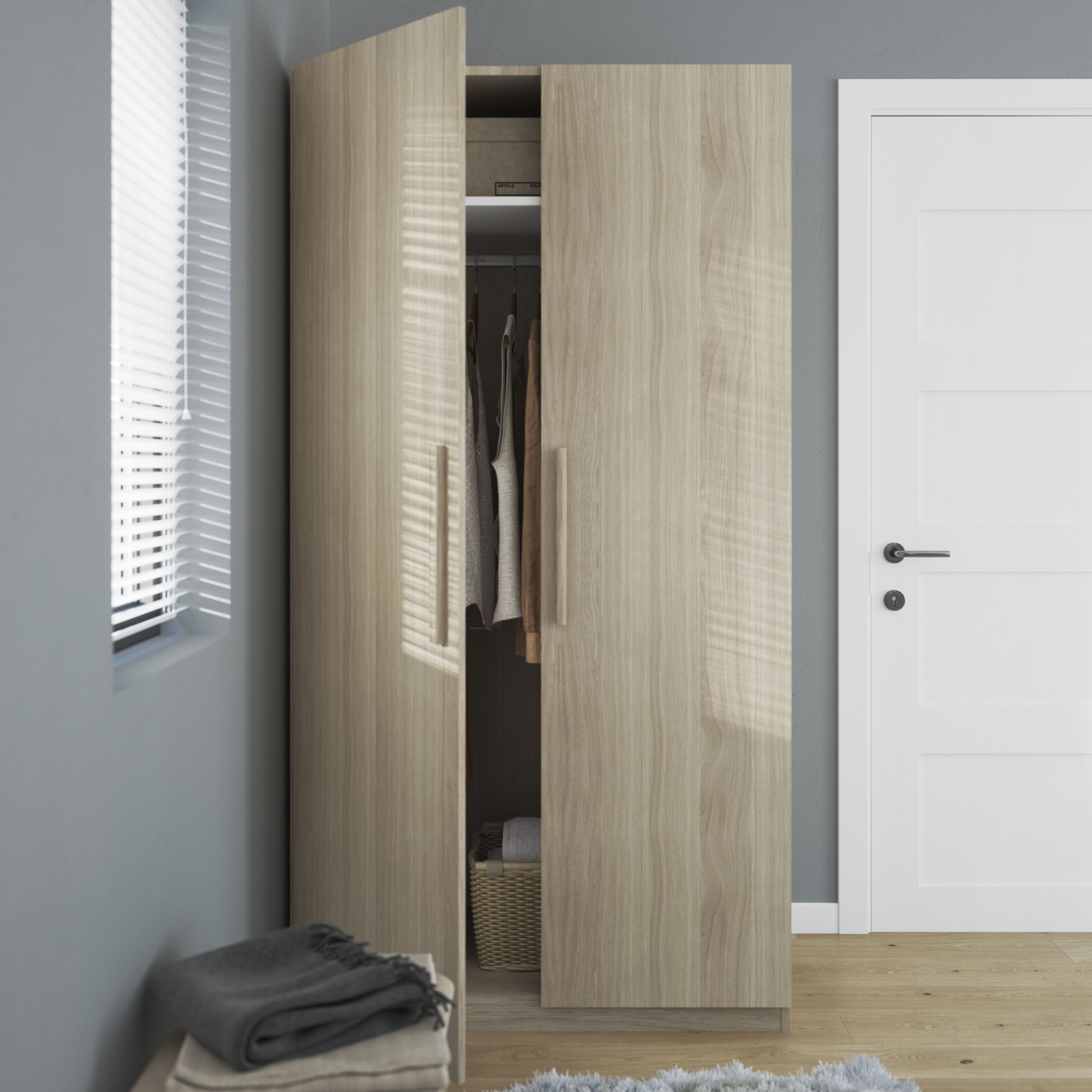 GoodHome Atomia All in one Modern Matt oak effect Large Double Wardrobe (H)1929mm (W)1000mm (D)596mm
