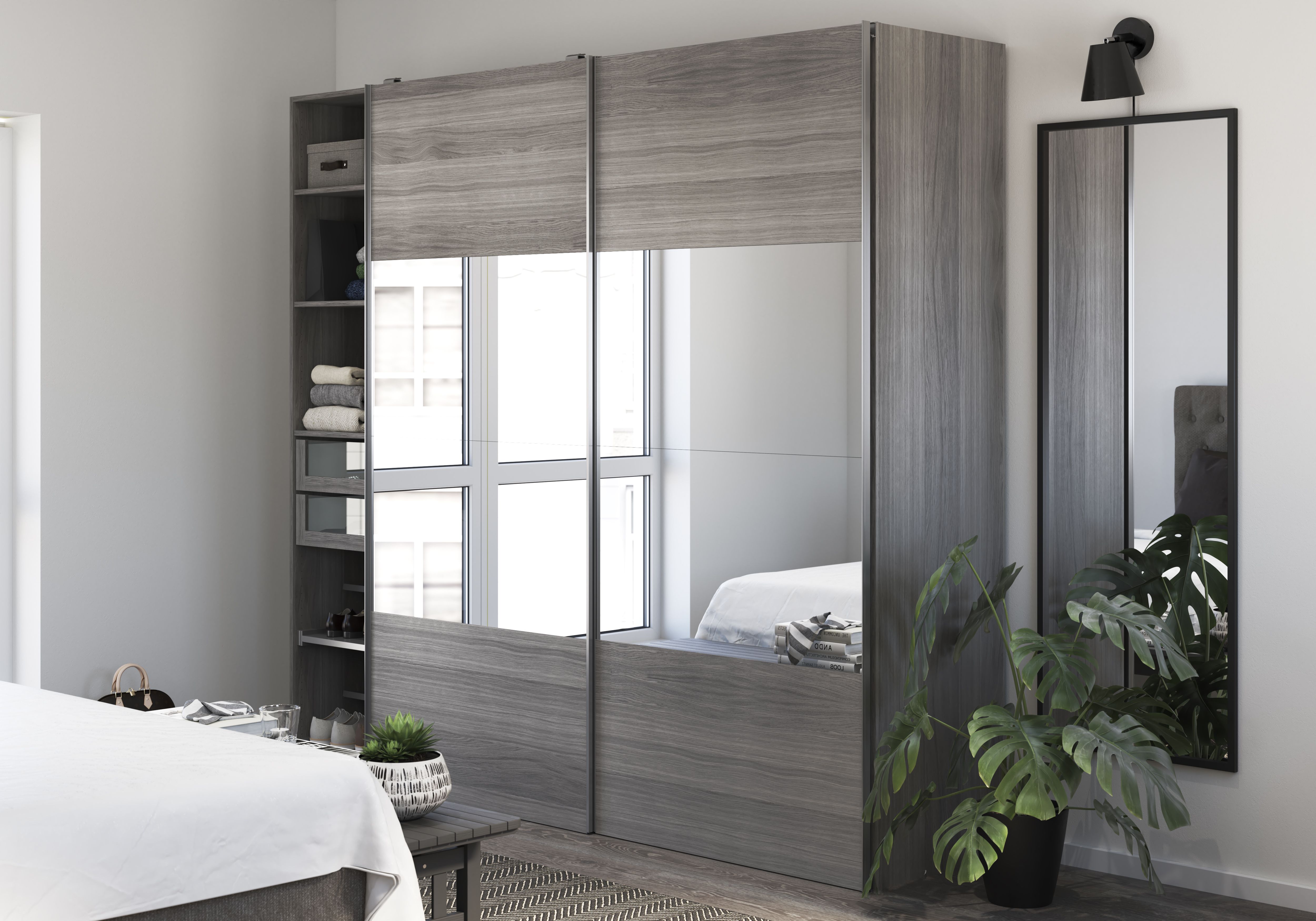 GoodHome Atomia Contemporary Matt grey oak effect 3 Drawer Large Double Sliding door wardrobe (H)2250mm (W)2500mm (D)580mm