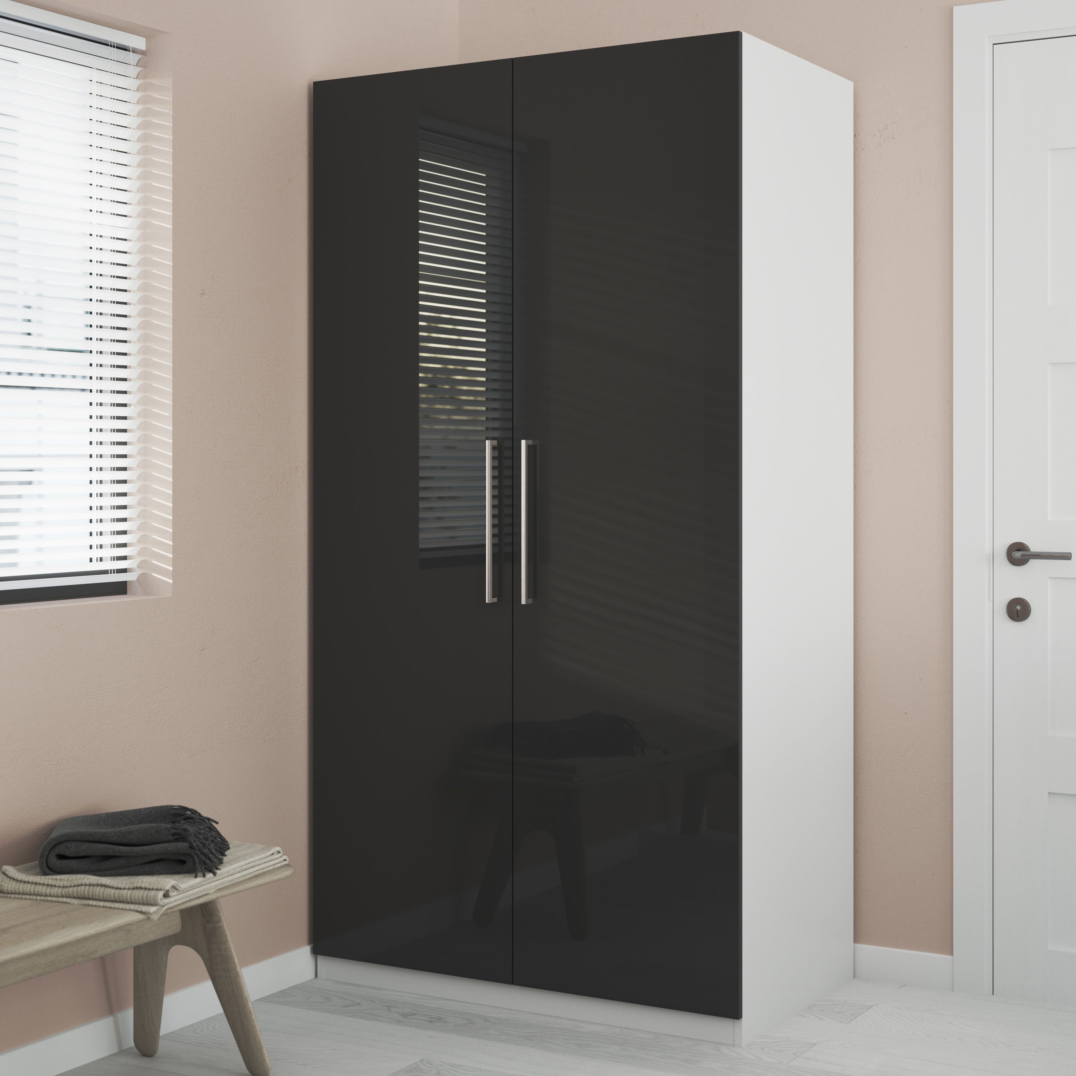 GoodHome Atomia Freestanding Modern Gloss & matt white & anthracite Large Double Wardrobe (H)1929mm (W)1000mm (D)596mm