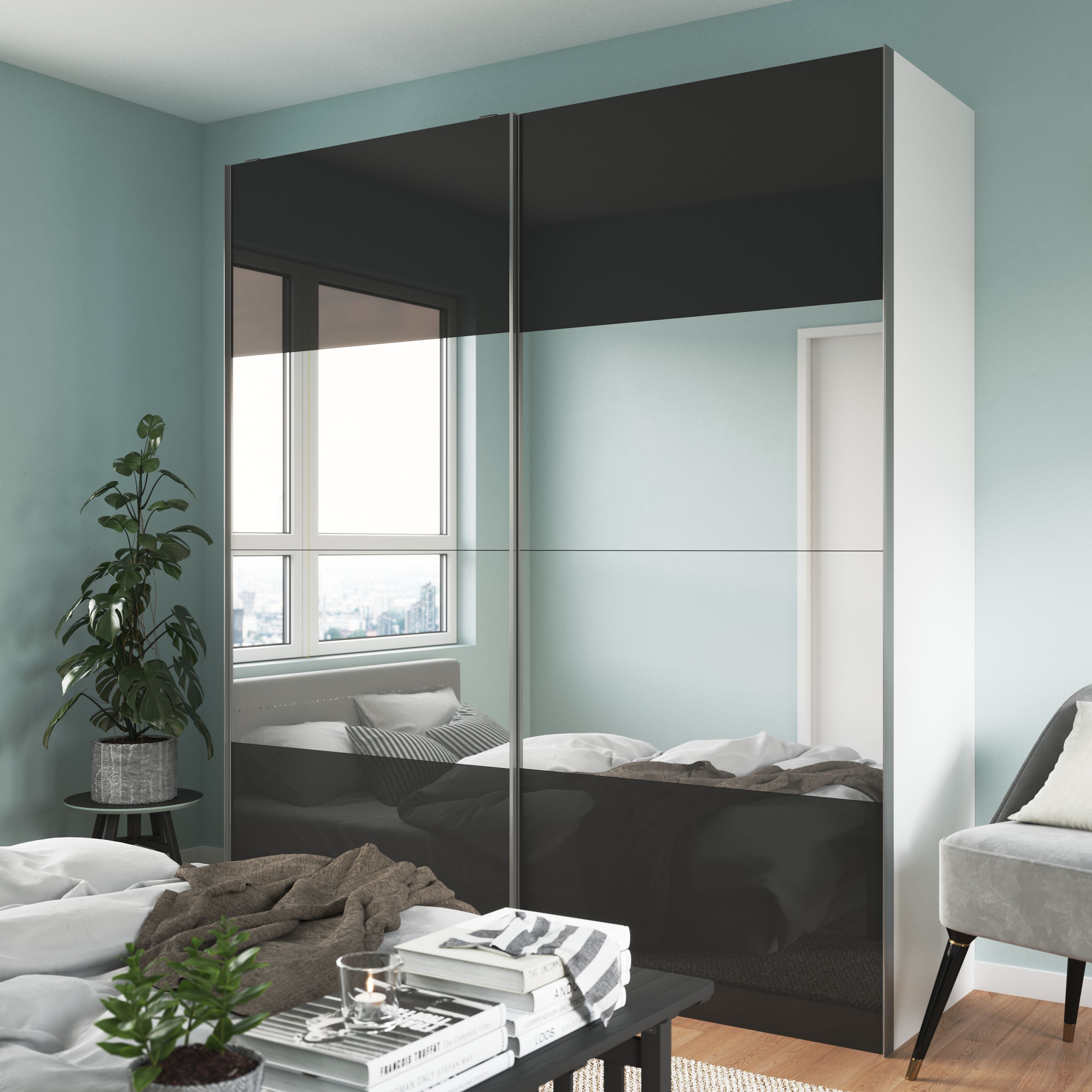 GoodHome Atomia Gloss Anthracite Sliding wardrobe door (H) 560mm x (W) 737mm, Pack of 4