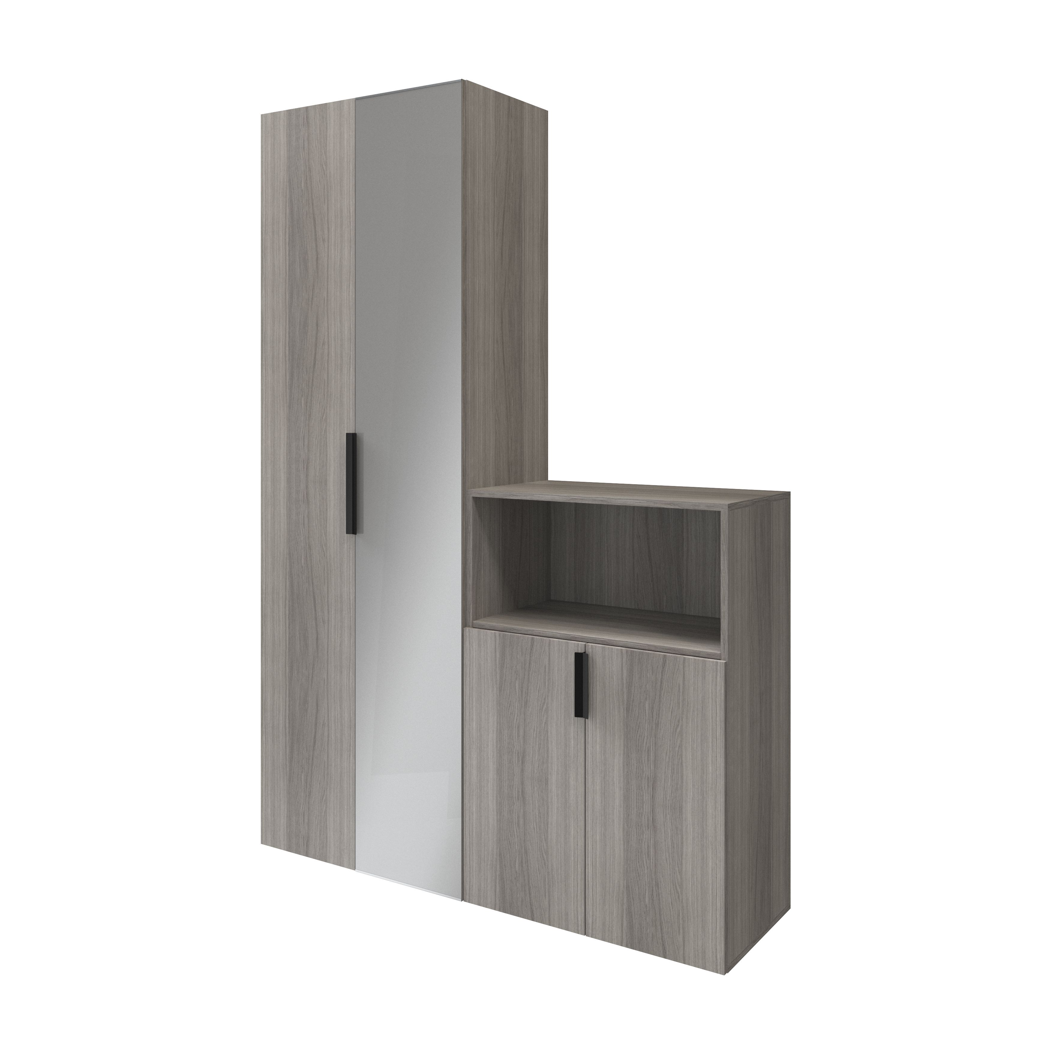 GoodHome Atomia Matt grey oak effect Particle board Mirrored door Hallway storage unit kit (H)1125mm (W)1500mm (D)450mm