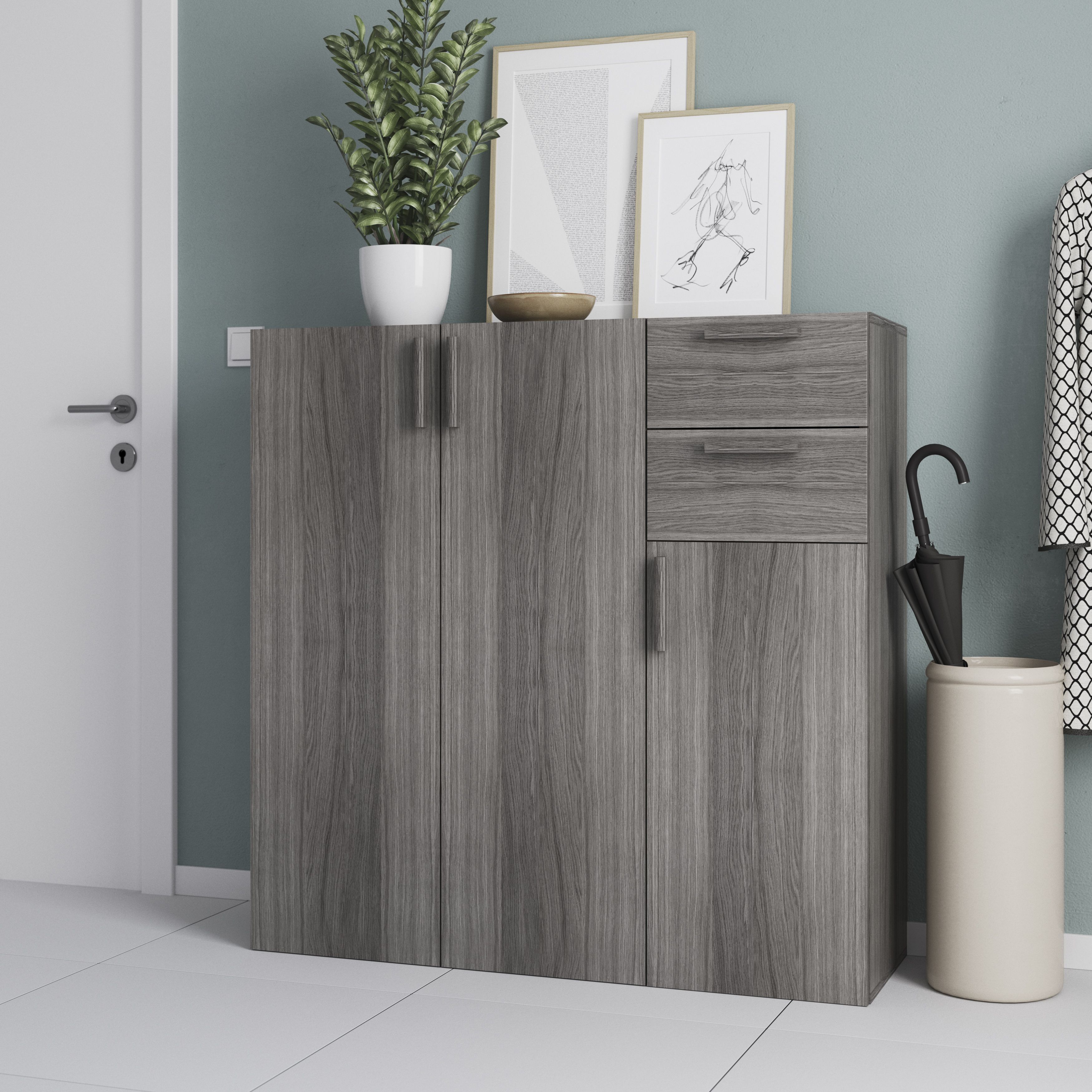 GoodHome Atomia Matt grey oak effect Slab External Drawer (H)184.5mm (W)372mm (D)300mm, Set of 2