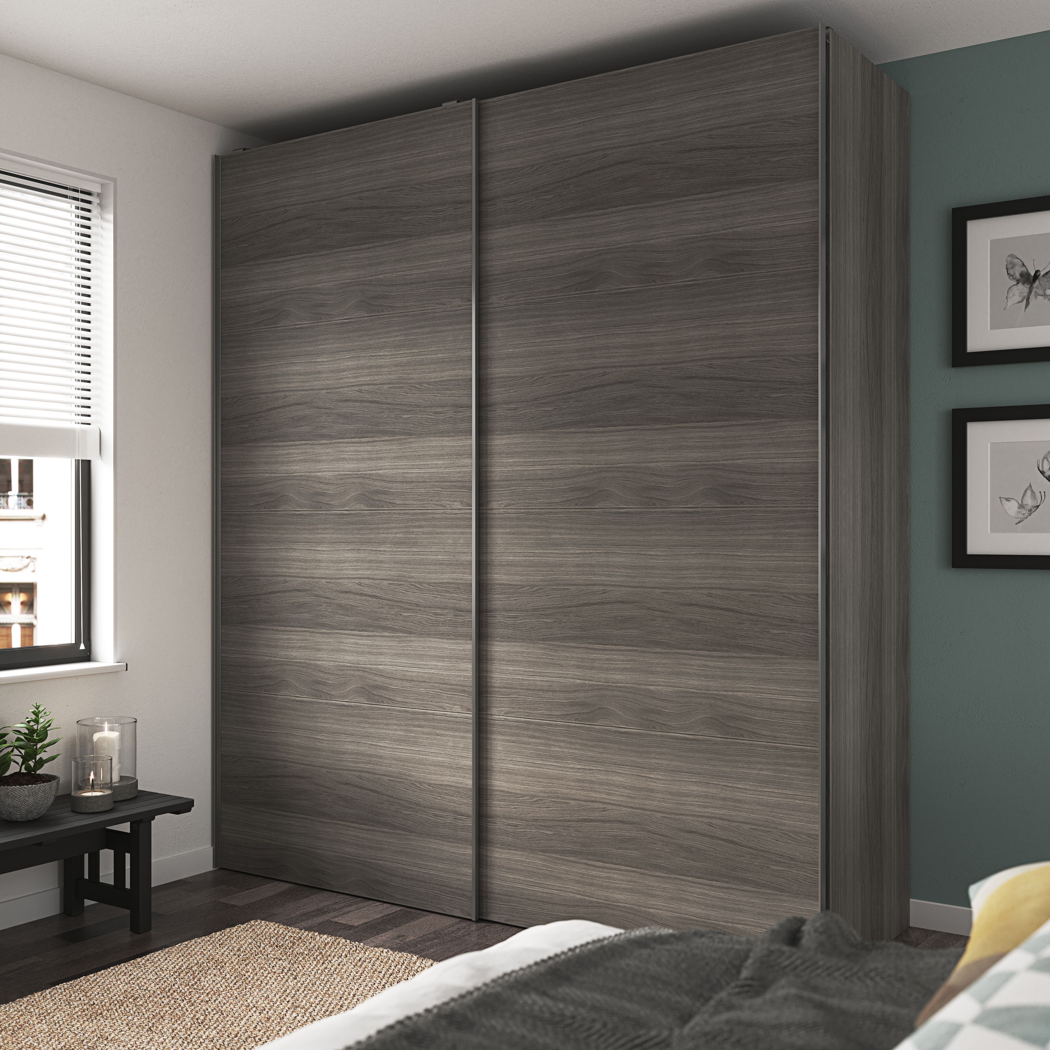 GoodHome Atomia Matt Grey Oak effect Sliding wardrobe door (H) 560mm x (W) 737mm, Pack of 4