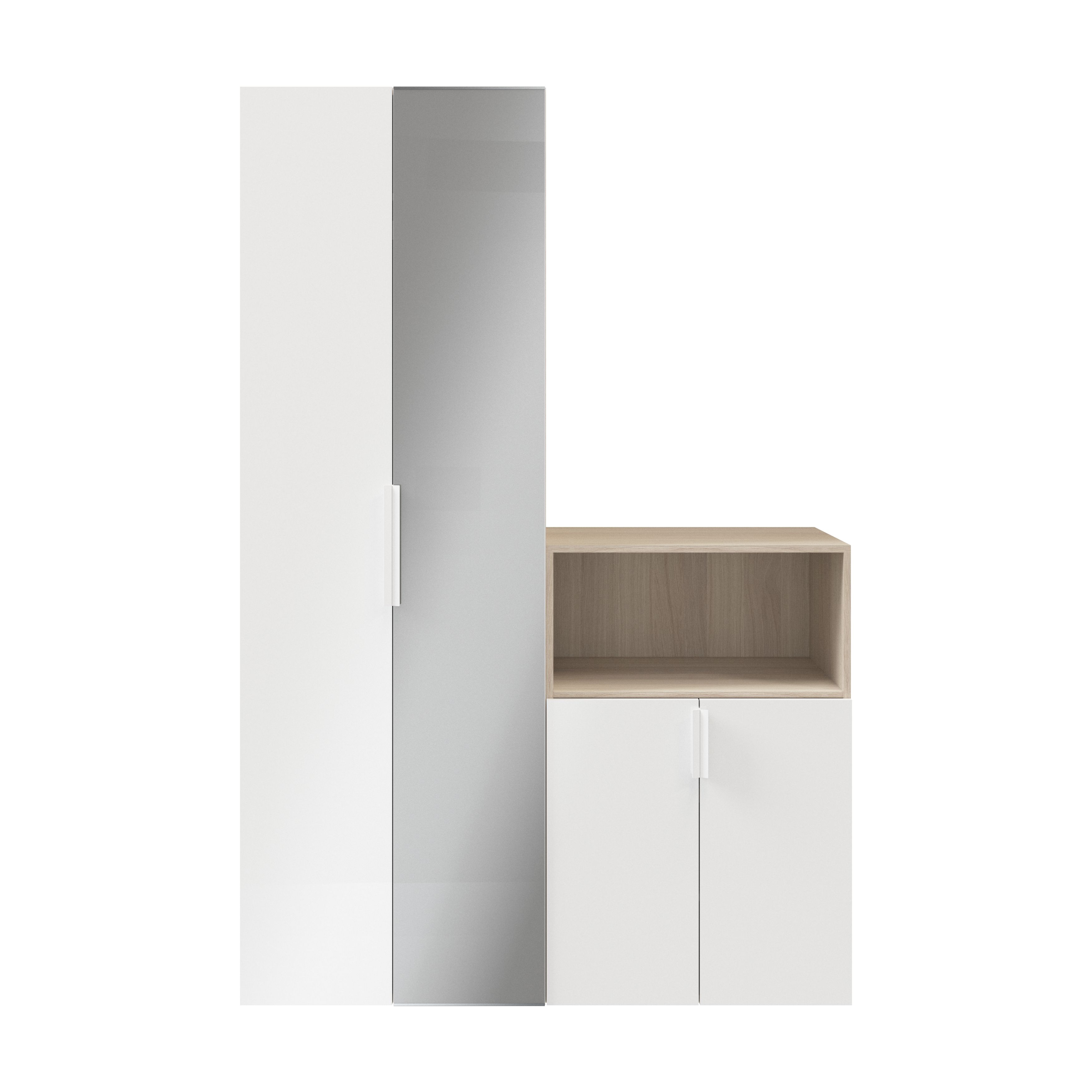 GoodHome Atomia Matt white oak effect Particle board Mirrored door Hallway storage unit kit (H)1125mm (W)1500mm (D)450mm