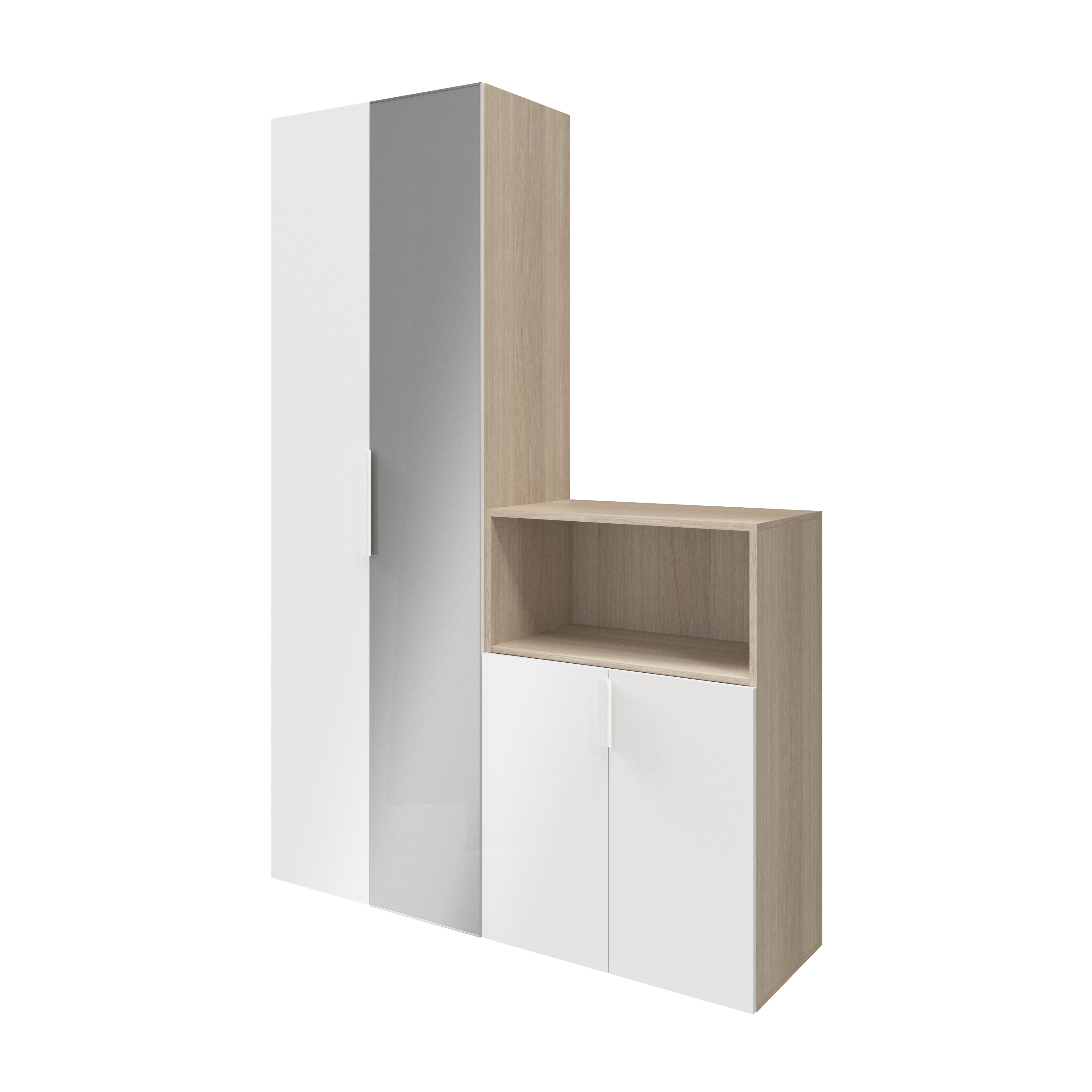 GoodHome Atomia Matt white oak effect Particle board Mirrored door Hallway storage unit kit (H)1125mm (W)1500mm (D)450mm