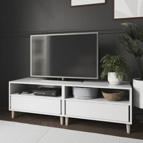 GoodHome Atomia Matt white TV stand with 2 shelves, (H)37.5cm x (W)150cm x (D)45cm
