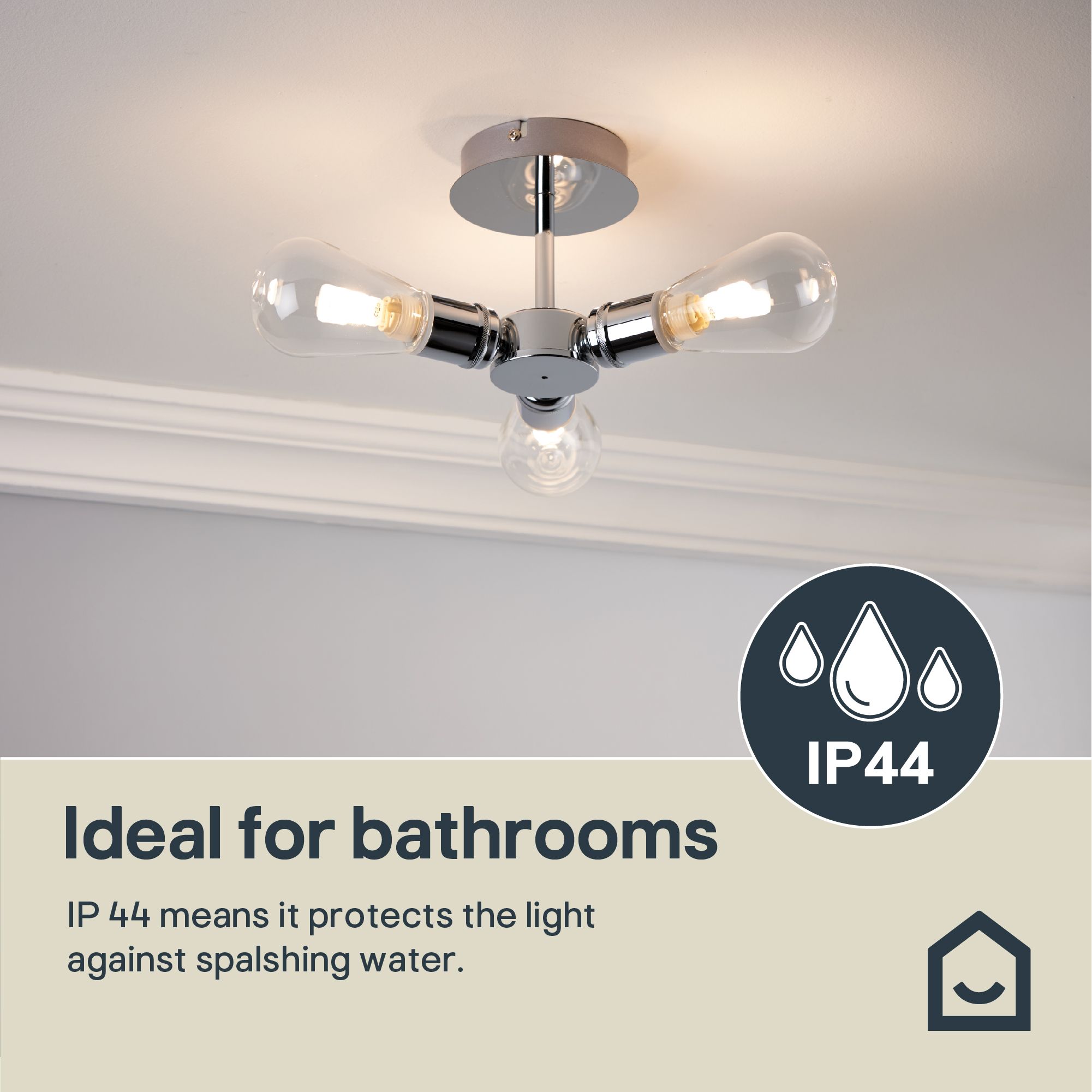 GoodHome Audun Glass & metal Chrome effect 3 Lamp Bathroom Ceiling light
