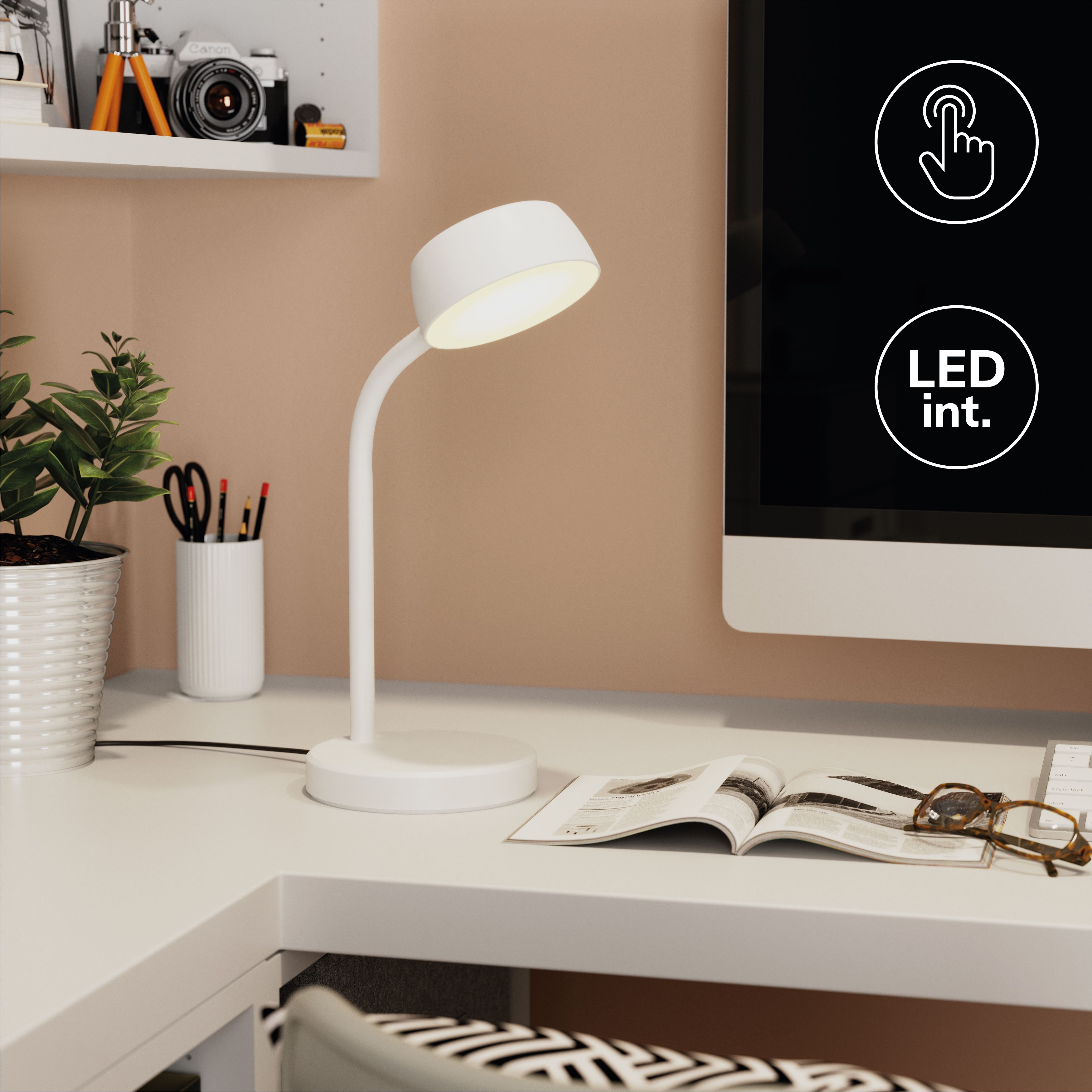 GoodHome Auklet Cylinder Matt White Integrated LED Table lamp