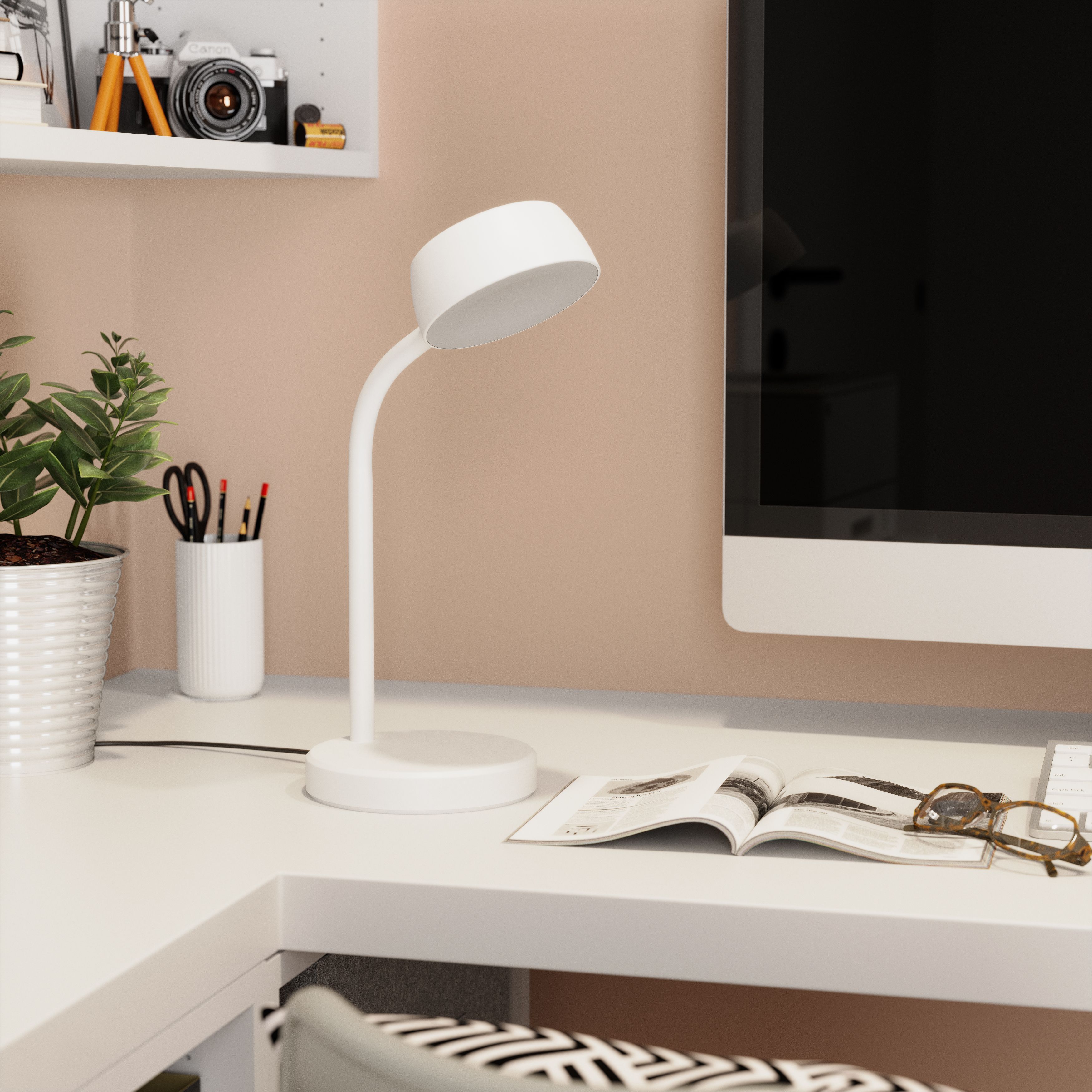 GoodHome Auklet Cylinder Matt White Integrated LED Table lamp