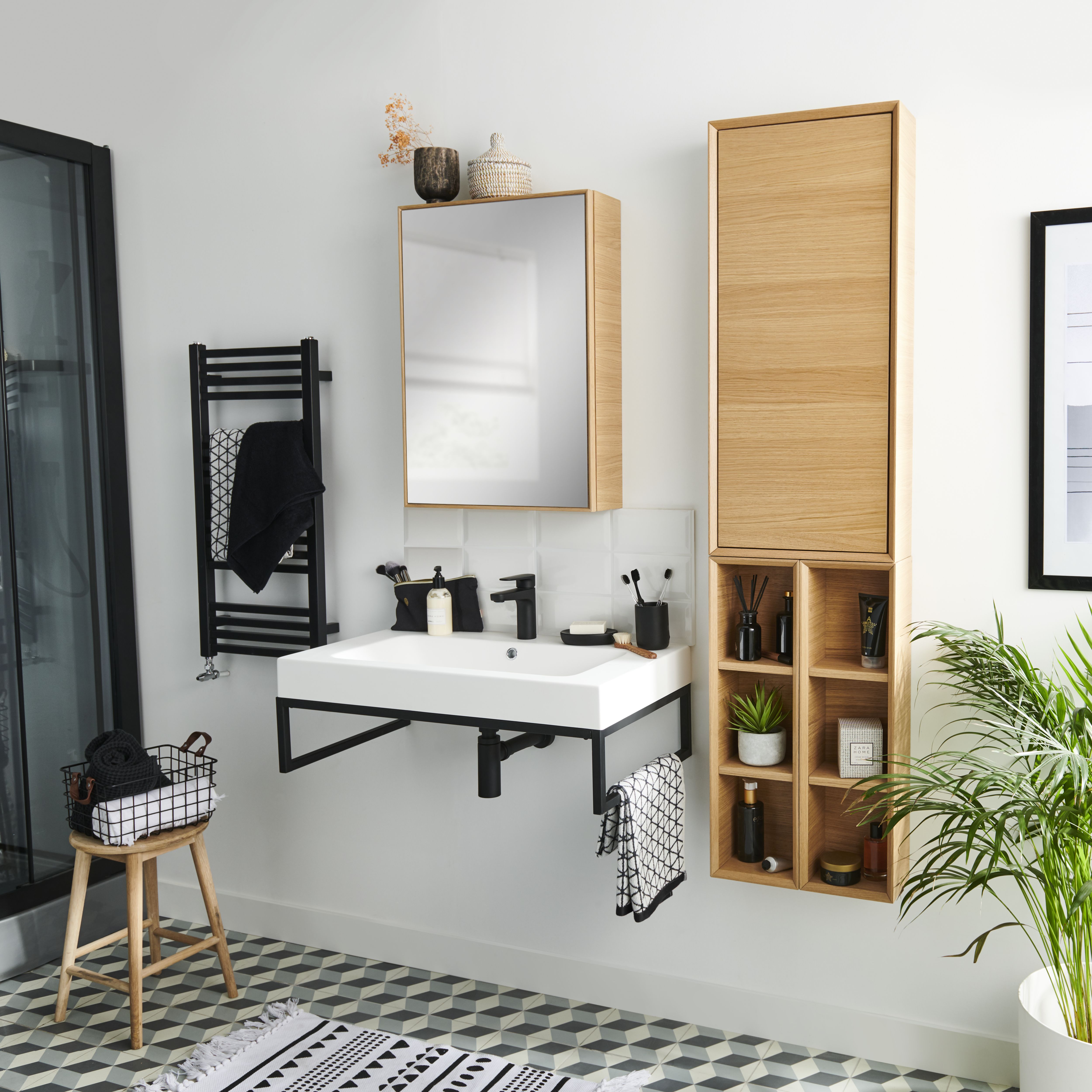 GoodHome Avela Matt Oak Veneer Single Bathroom Wall cabinet Non-mirrored (H)90cm (W)40cm