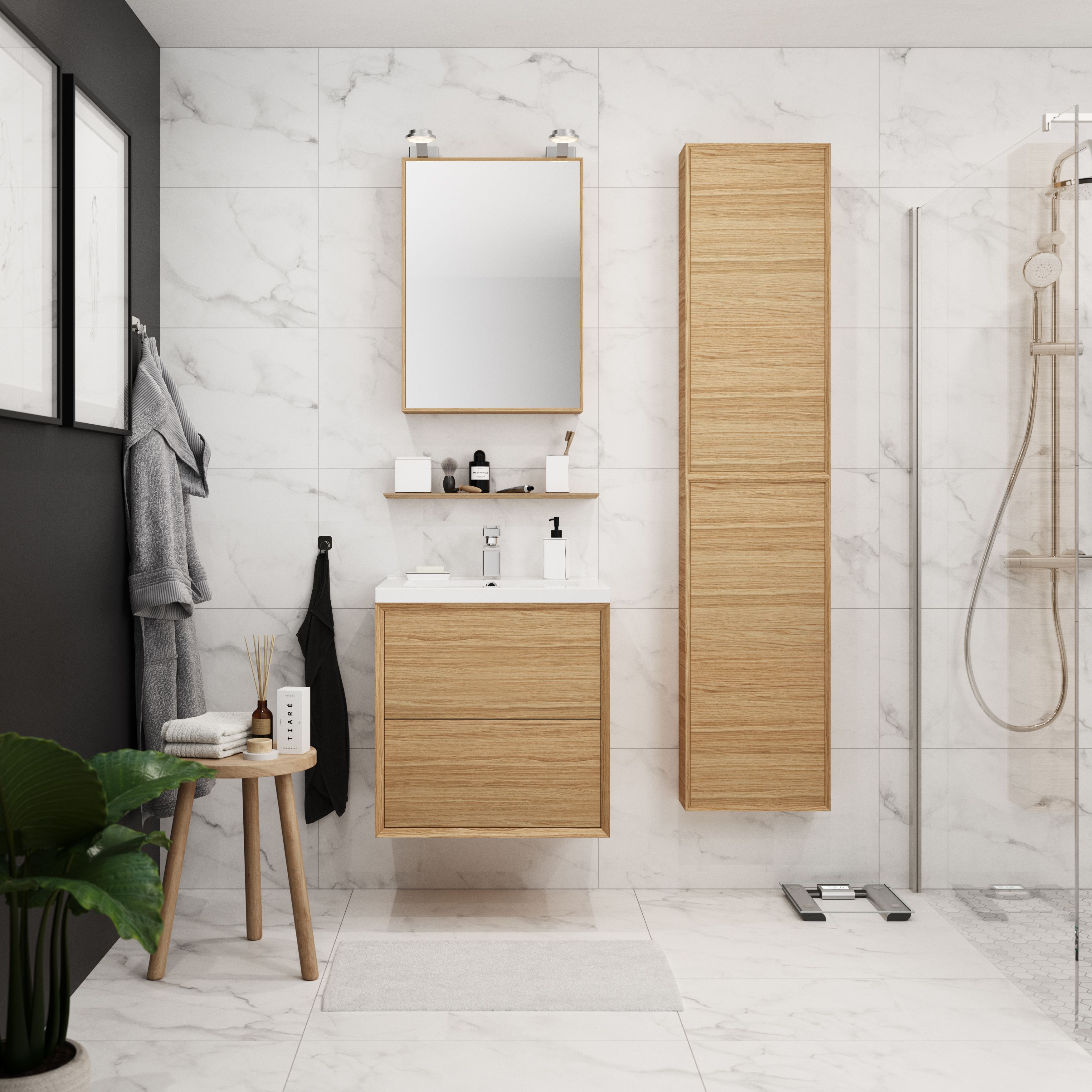 GoodHome Avela Matt Oak Veneer Single Bathroom Wall cabinet Non-mirrored (H)90cm (W)40cm