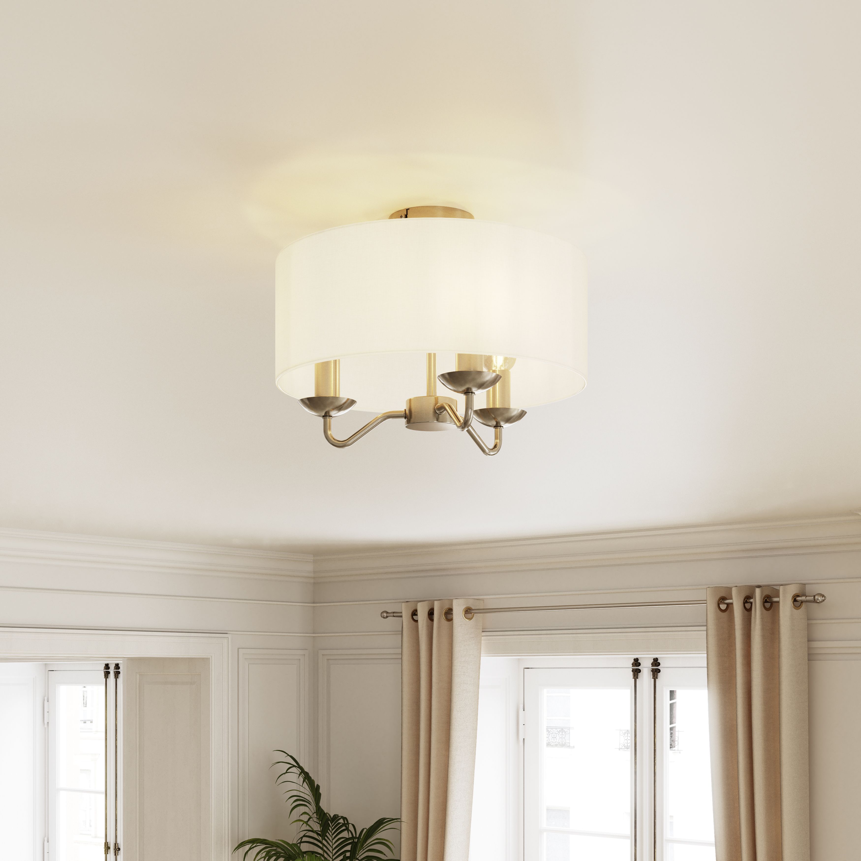 GoodHome Ayshire Traditional Fabric & metal Nickel effect 3 Lamp Ceiling light