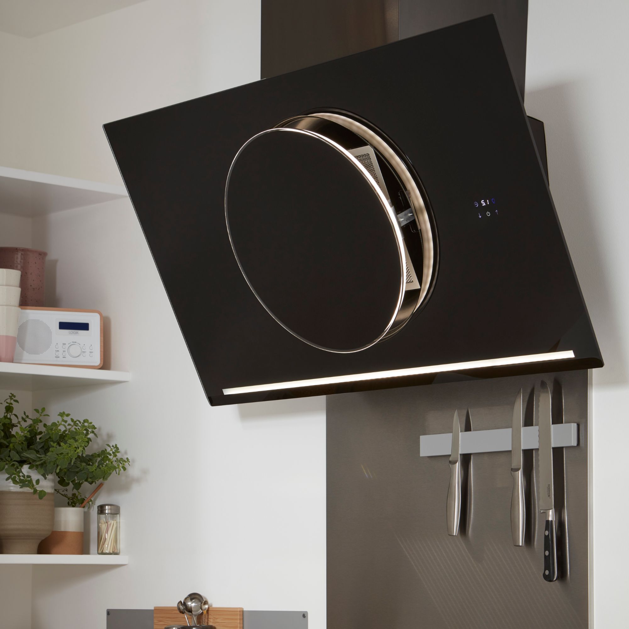 GoodHome Bamia GHAGRO90 Black Glass Round angled Cooker hood, (W)90cm