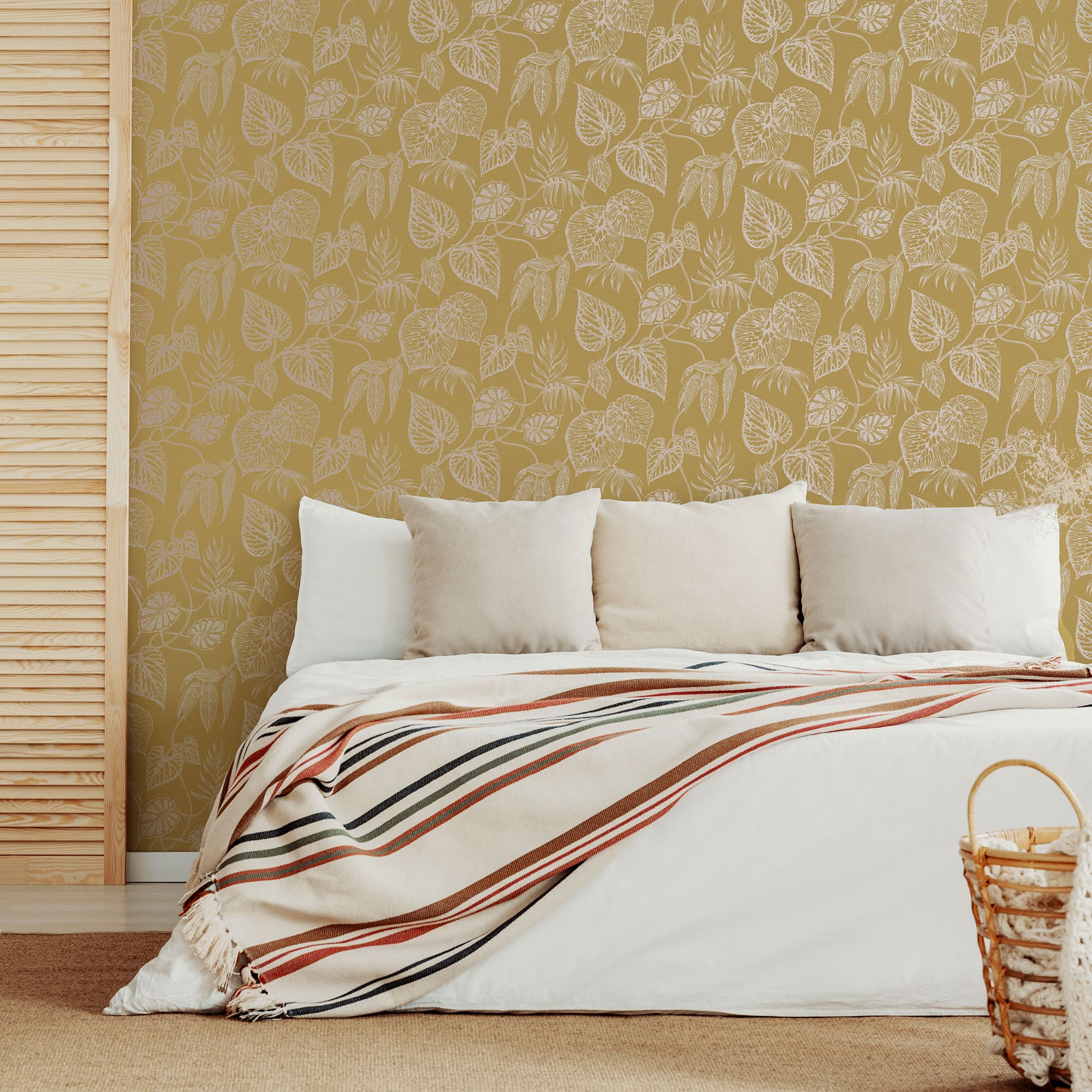 GoodHome Barnsley Ochre Metallic effect Leaves Textured Wallpaper