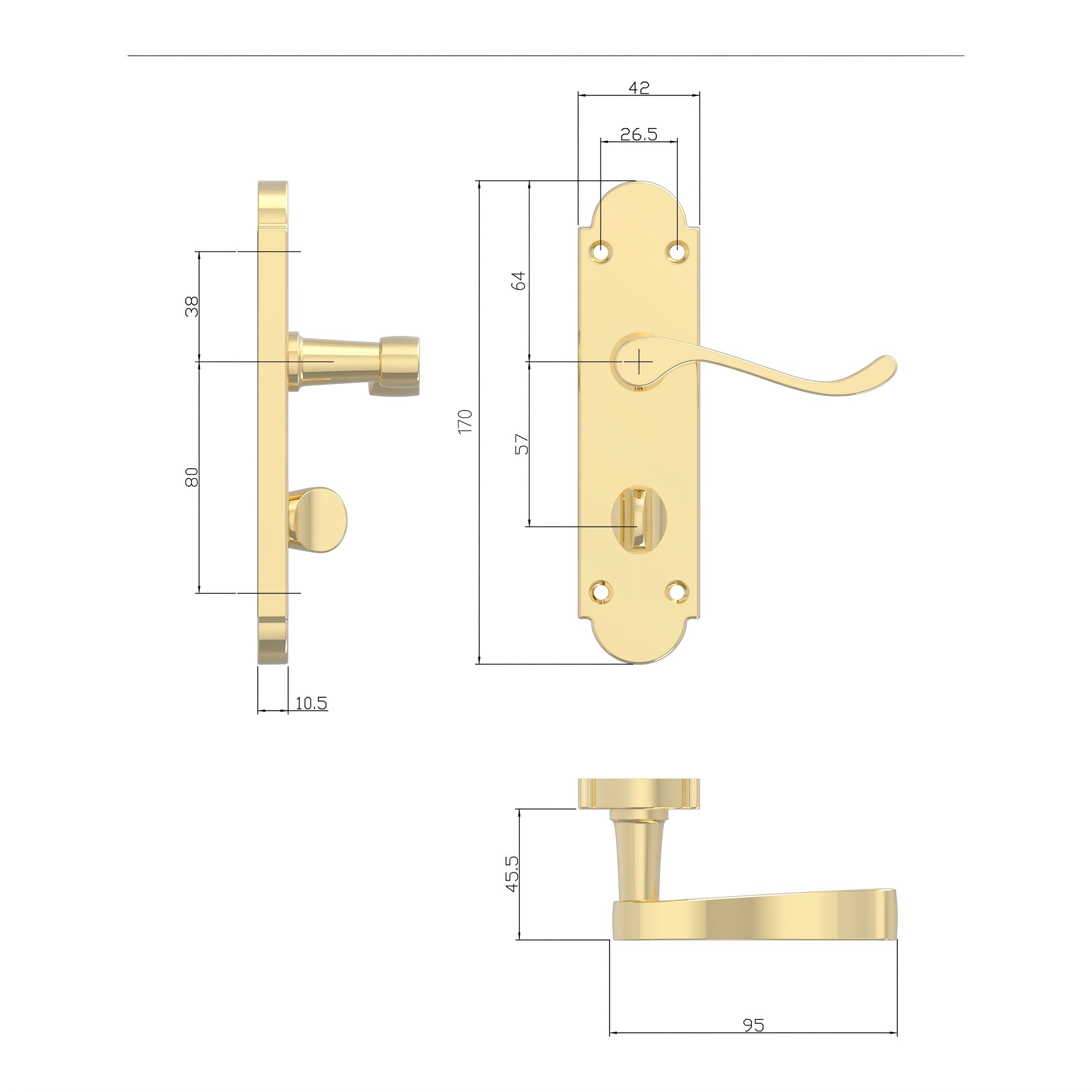 GoodHome Beja Polished Brass effect Scroll WC Door handle (L)95mm (D)57mm Pair