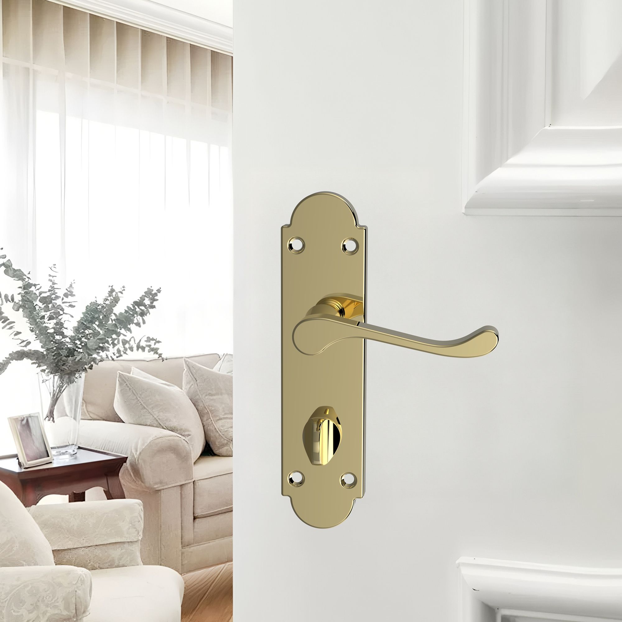 GoodHome Beja Polished Brass effect Scroll WC Door handle (L)95mm (D)57mm Pair