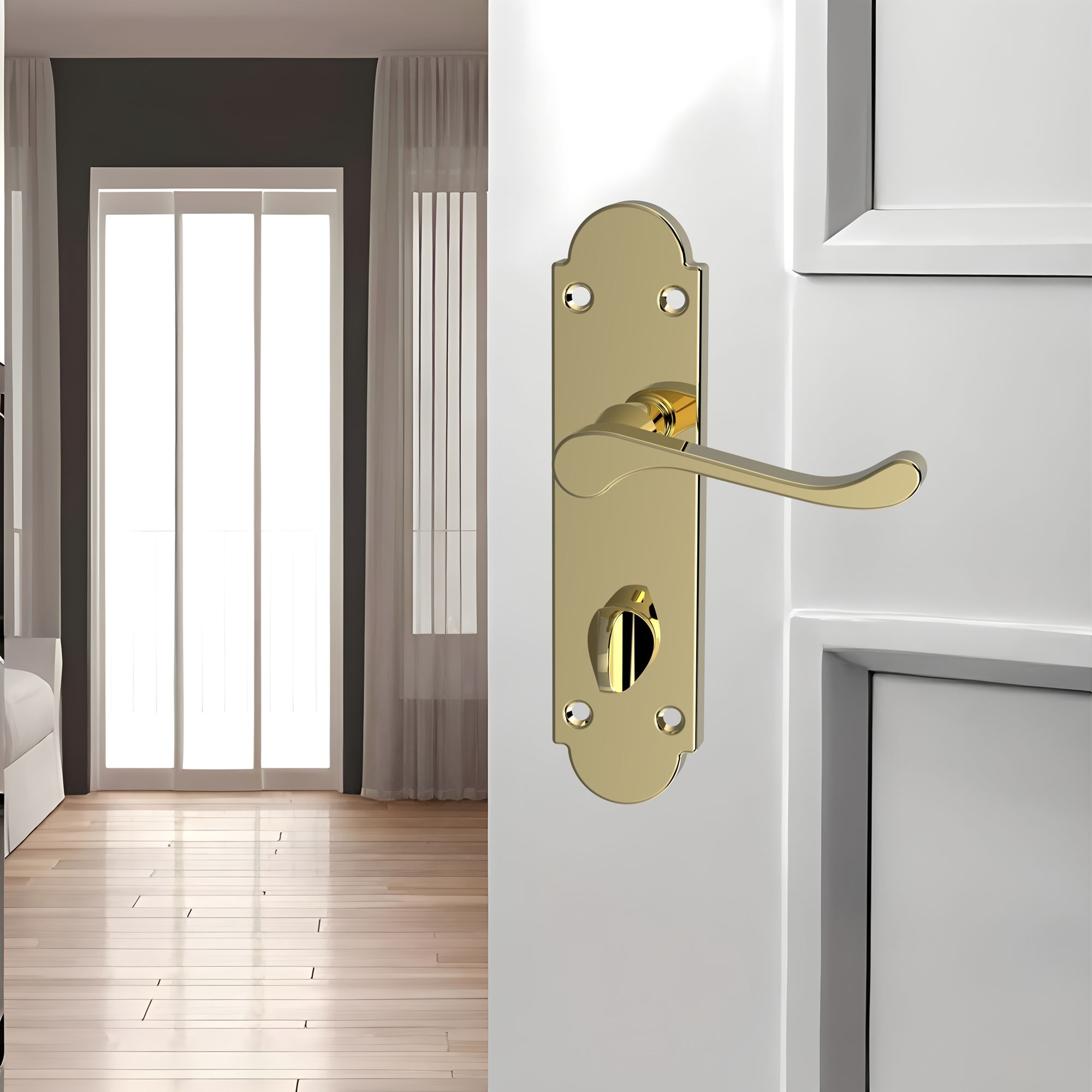 GoodHome Beja Polished Brass effect Scroll WC Door handle (L)95mm (D)57mm Pair