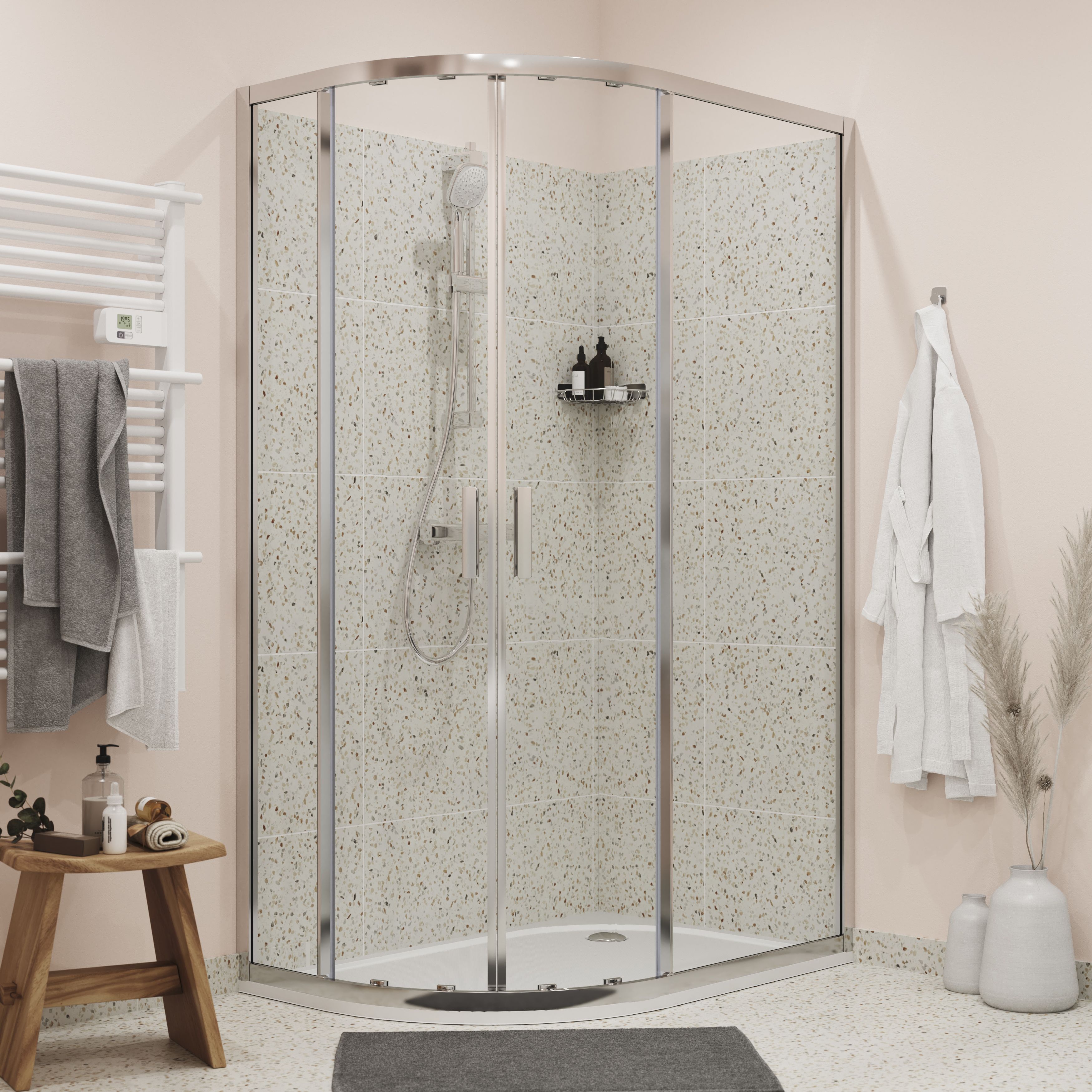 GoodHome Beloya Chrome effect Clear Right-handed Offset quadrant Shower Enclosure & tray - Corner entry double sliding door (H)195cm (W)120cm (D)80cm