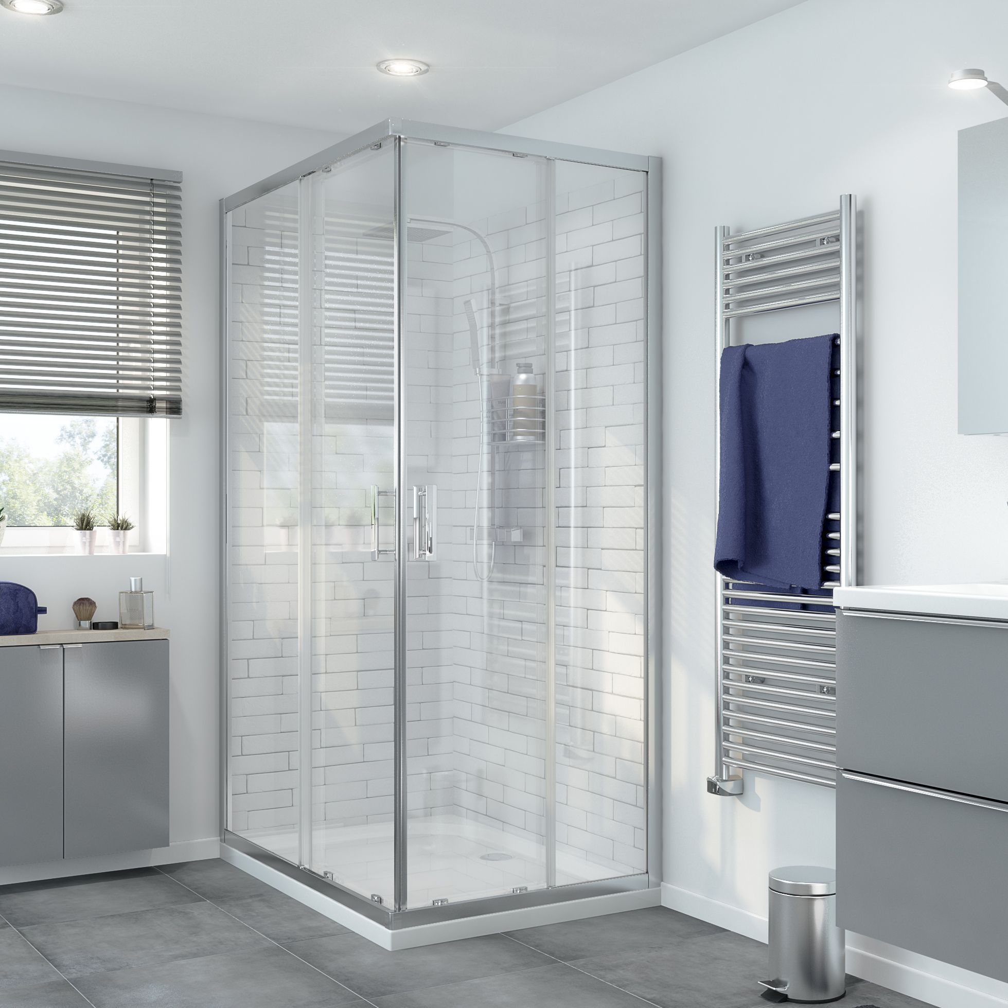 GoodHome Beloya Framed Clear Silver effect Rectangular Shower enclosure - Corner entry double sliding door (W)120cm (D)80cm