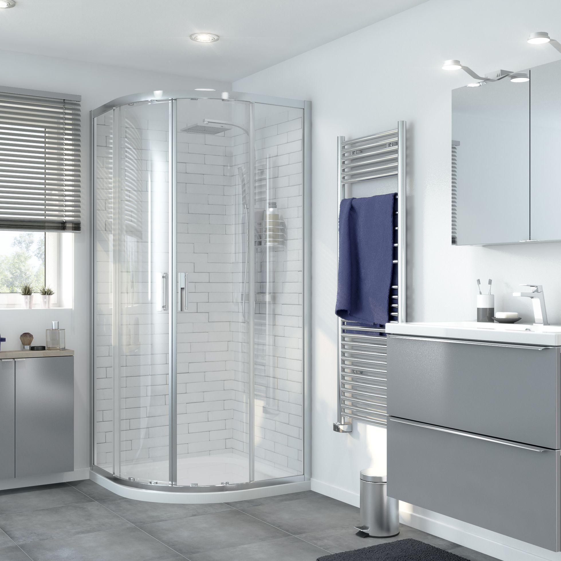 GoodHome Beloya Silver effect Clear Quadrant Shower Enclosure & tray - Corner entry double sliding door (H)195cm (W)90cm (D)90cm