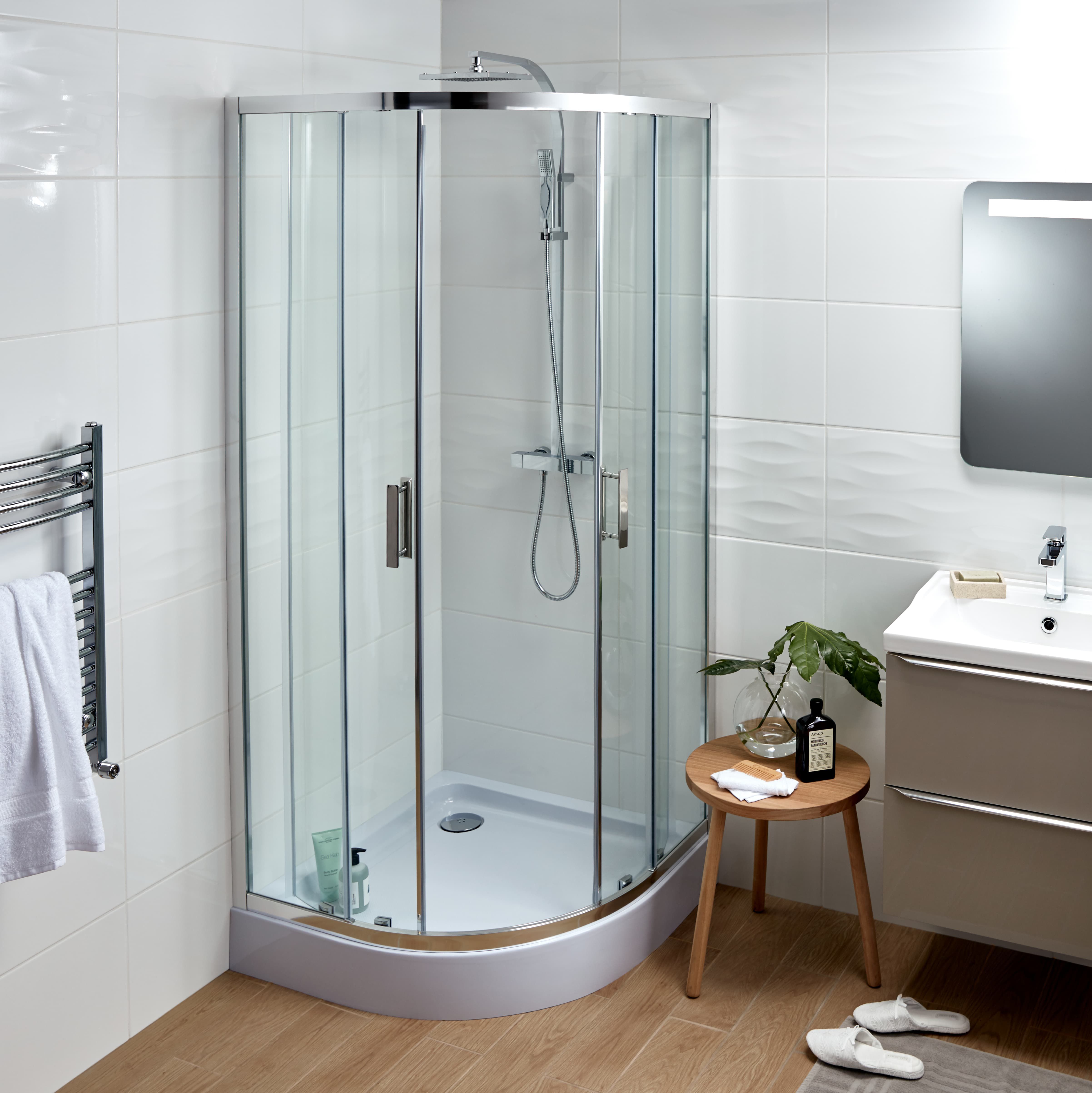 GoodHome Beloya Silver effect Clear Quadrant Shower Enclosure & tray - Corner entry double sliding door (H)195cm (W)90cm (D)90cm