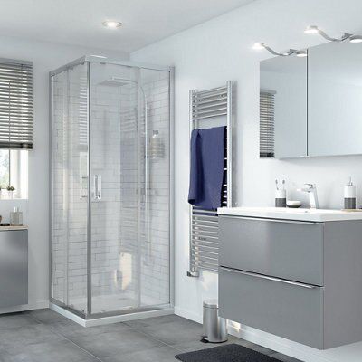 GoodHome Beloya Silver effect Clear Universal Square Shower Enclosure & tray - Corner entry double sliding door (H)195cm (W)80cm (D)80cm
