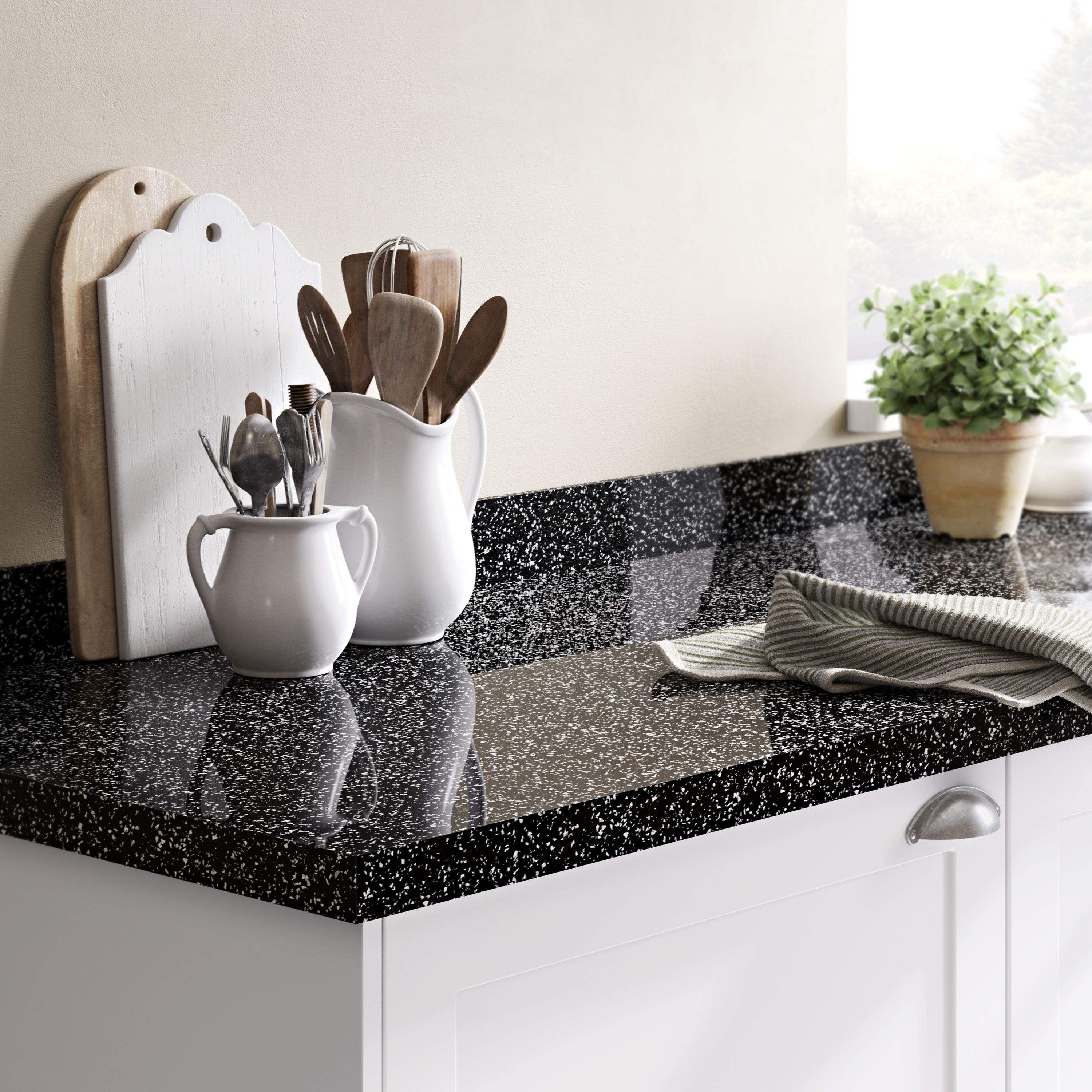 GoodHome Berberis Gloss Black Star sparkle effect Laminate & particle board Upstand (L)3000mm