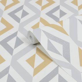 GoodHome Beril Grey & ochre Geometric Gold effect Textured Wallpaper