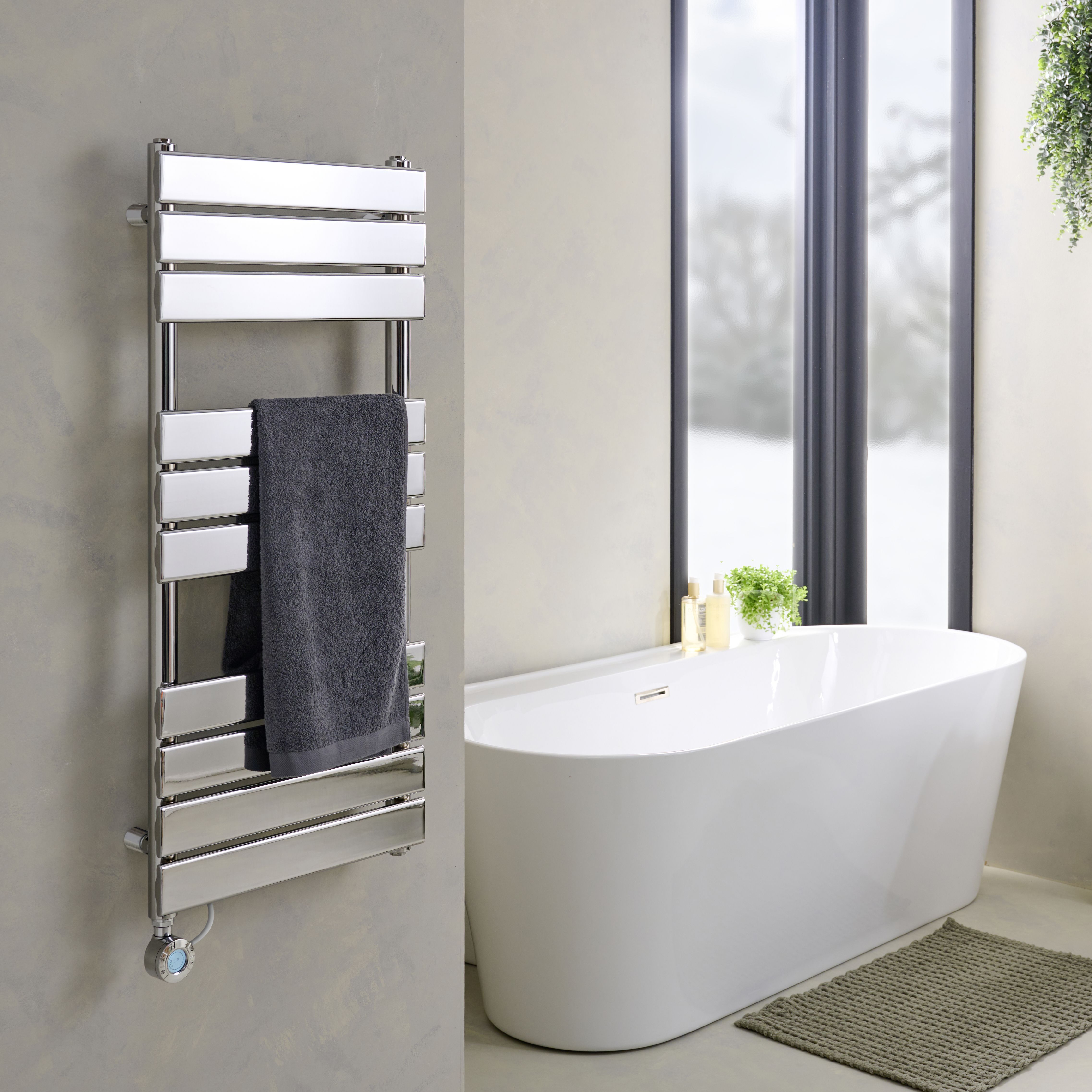 GoodHome Bezan Chrome effect Electric Flat Towel warmer (W)450mm x (H ...