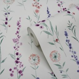 GoodHome Bifora Purple Floral Smooth Wallpaper Sample