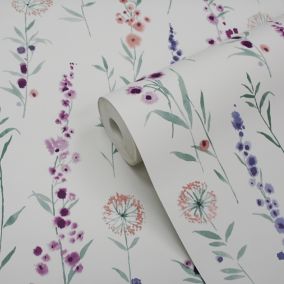 GoodHome Bifora Purple Floral Smooth Wallpaper