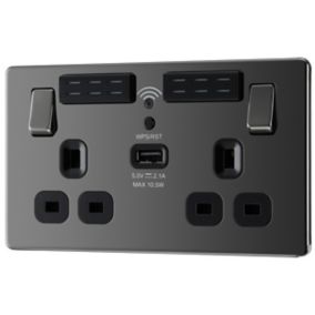 GoodHome Black Nickel 13A Flat Switched Double Screwless WiFi extender socket with USB