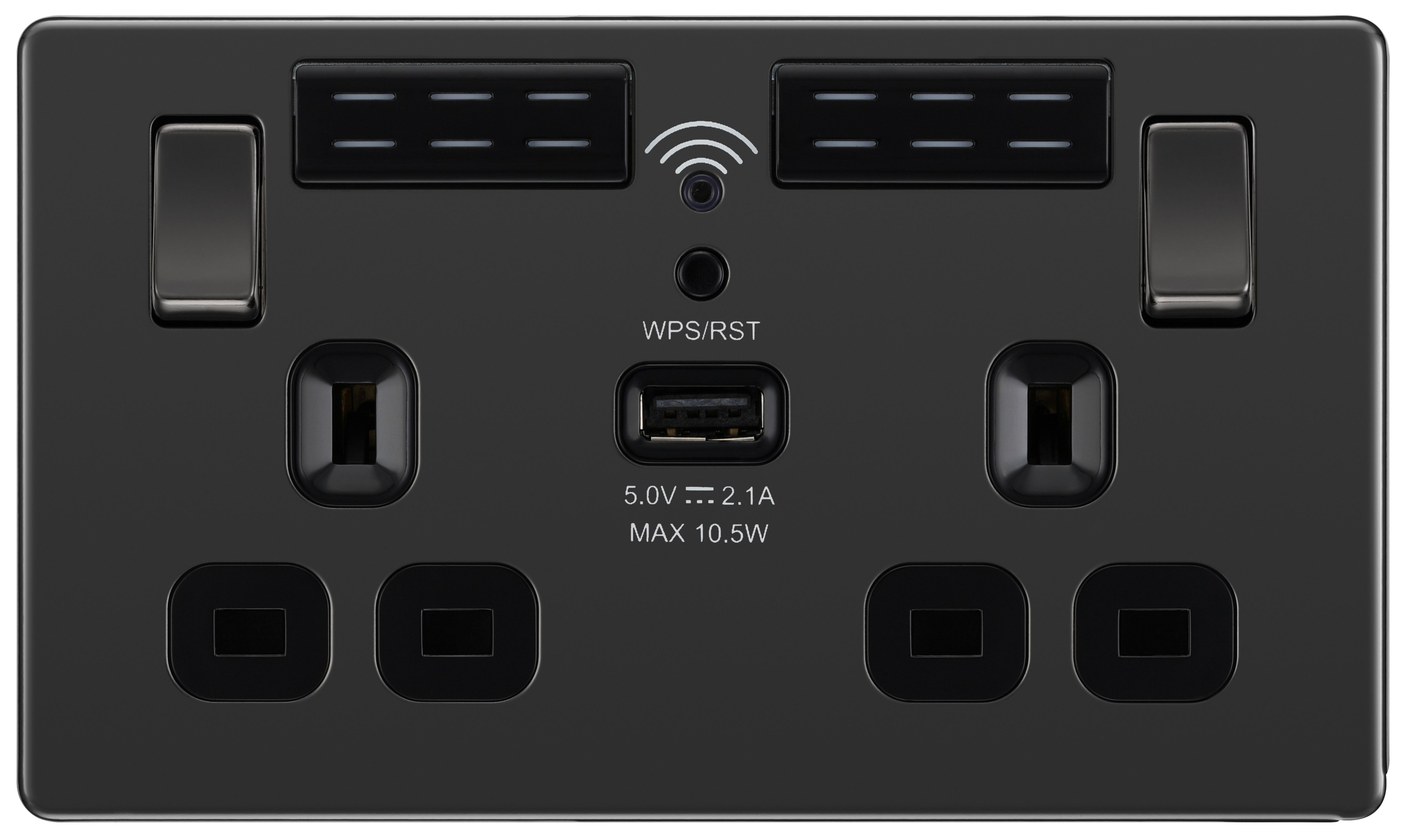GoodHome Black Nickel 13A Switched Double Screwless WiFi extender socket with USB
