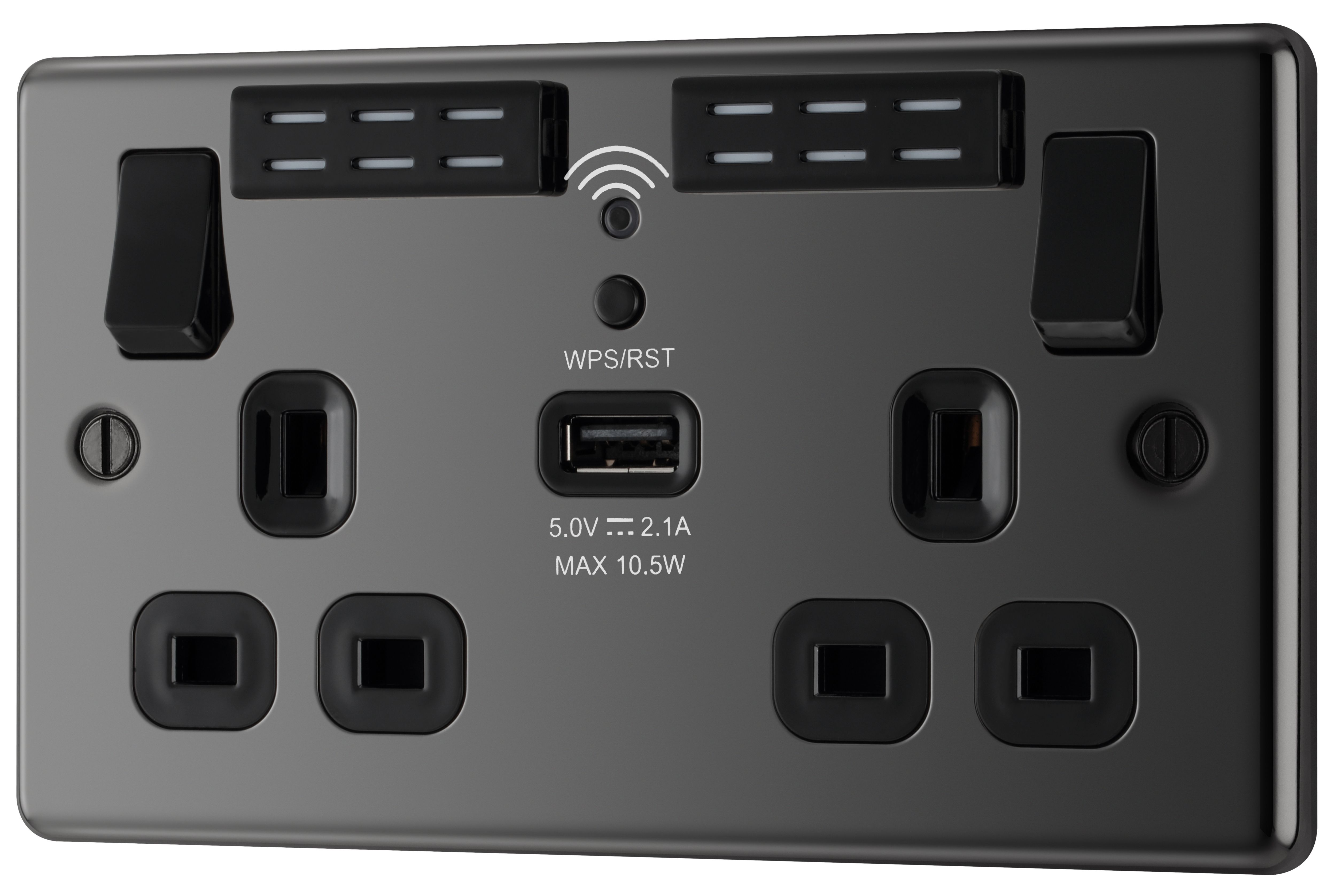 GoodHome Black Nickel 13A Switched Double WiFi extender socket with USB