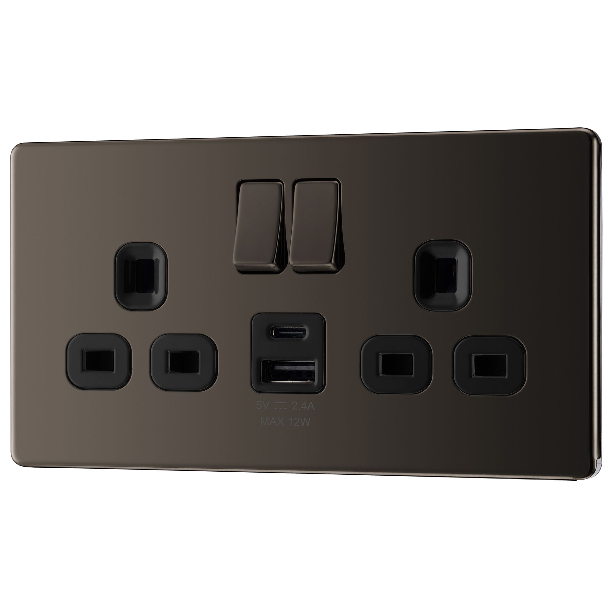GoodHome Black Nickel Double 13A Flat Switched Screwless Socket with USB, 13 x2 & Black inserts