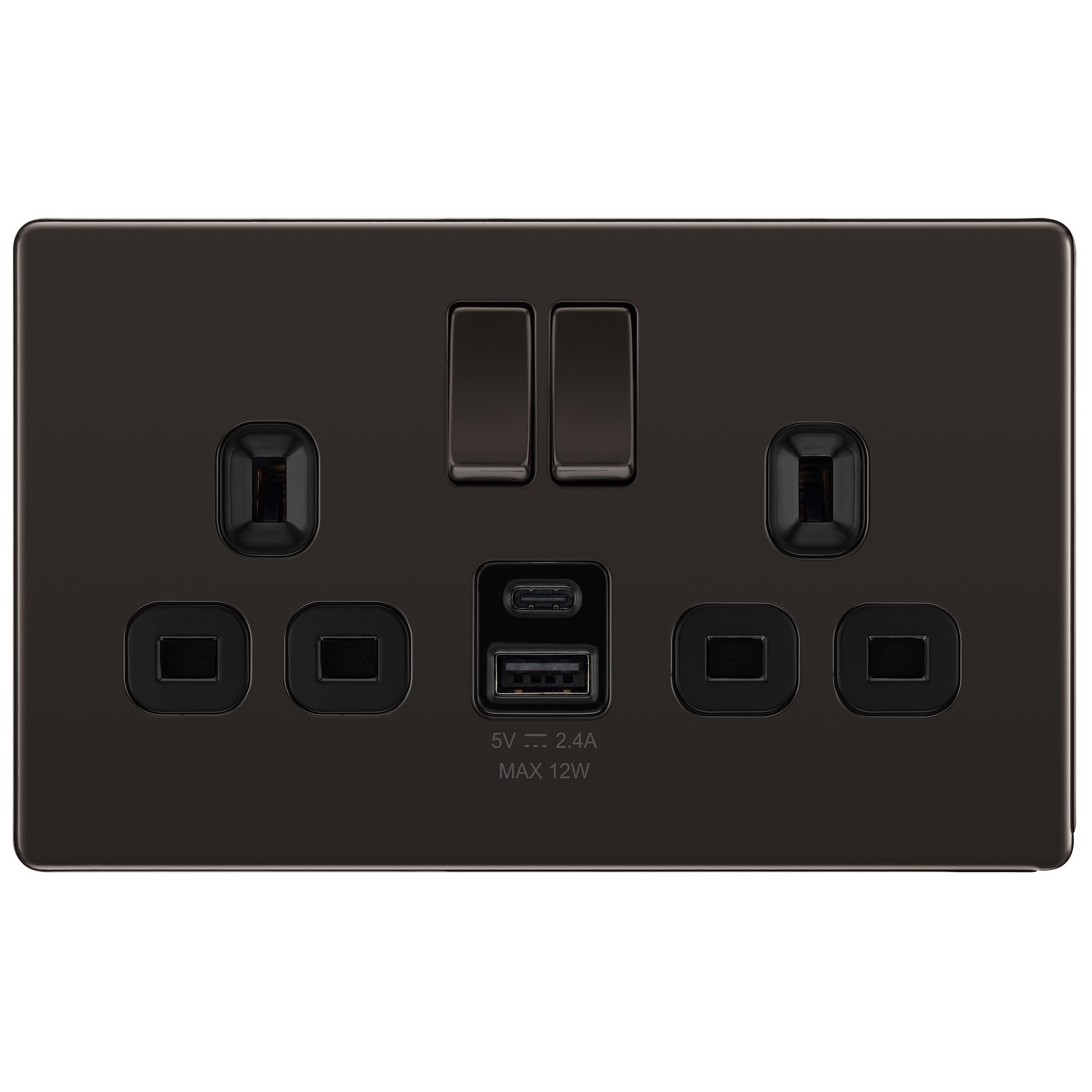 GoodHome Black Nickel Double 13A Flat Switched Screwless Socket with USB, 13 x2 & Black inserts