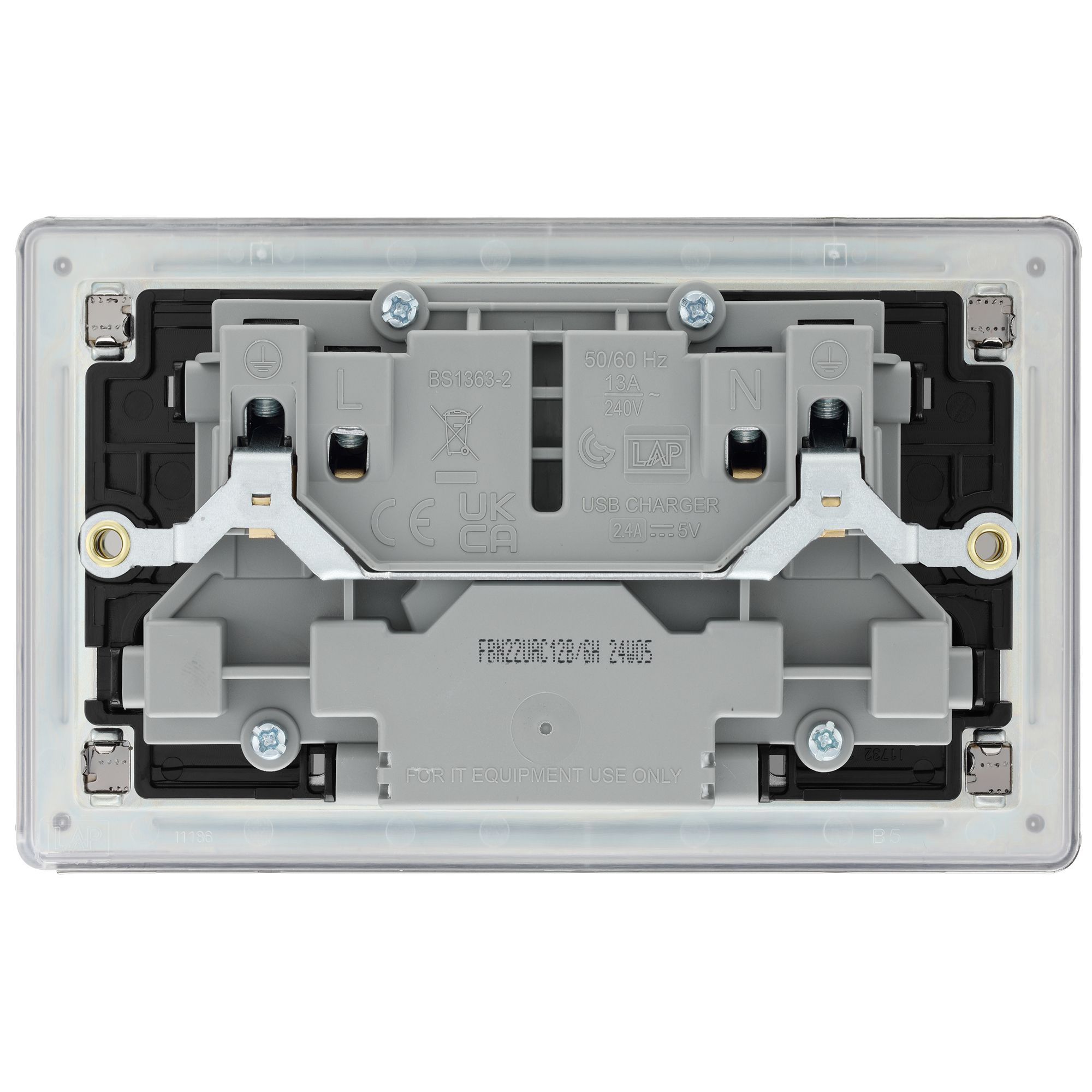GoodHome Black Nickel Double 13A Flat Switched Screwless Socket with USB, 13 x2 & Black inserts
